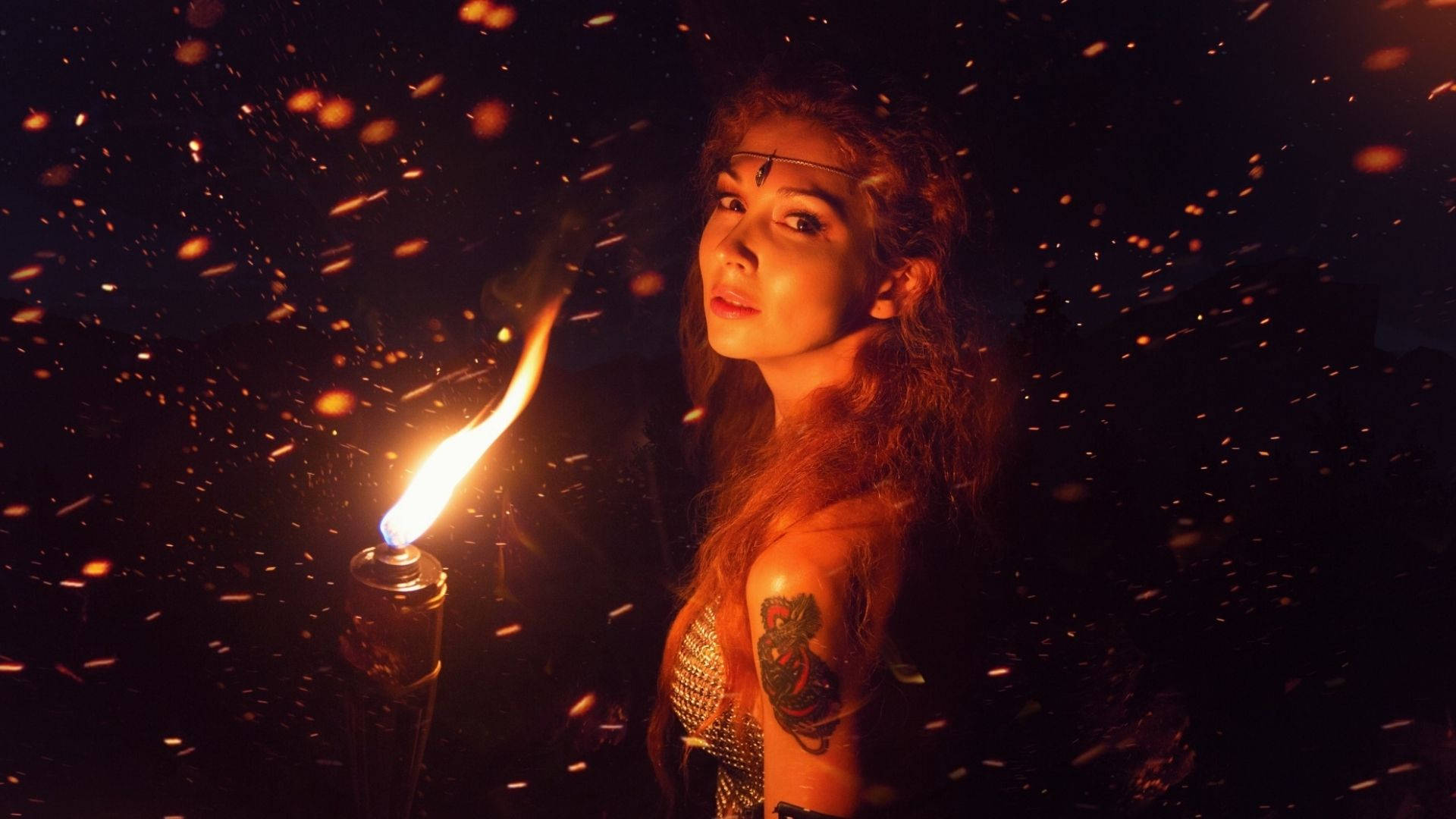Fire Girl, torch, sparks, Full HD Desktop Wallpaper
