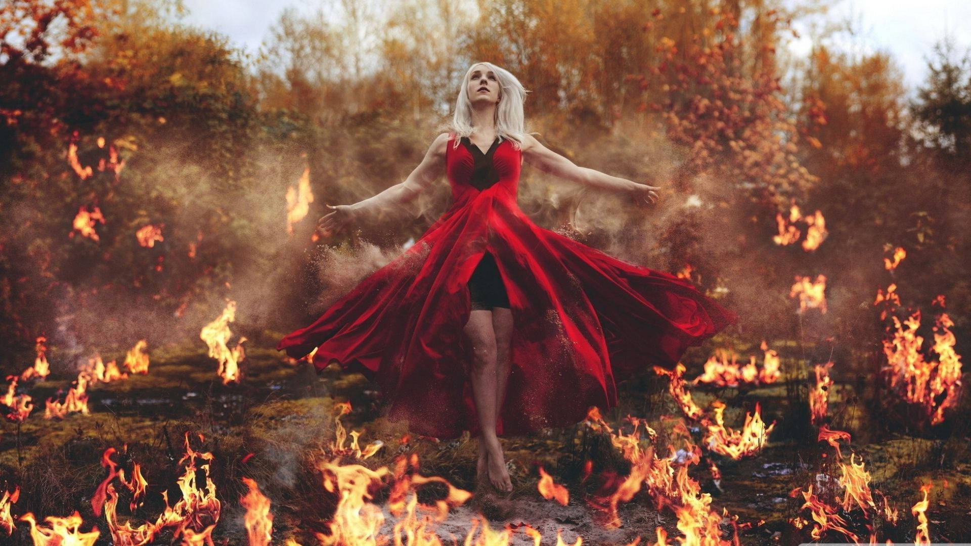 Fire Girl, red dress, flames, Full HD Desktop Wallpaper