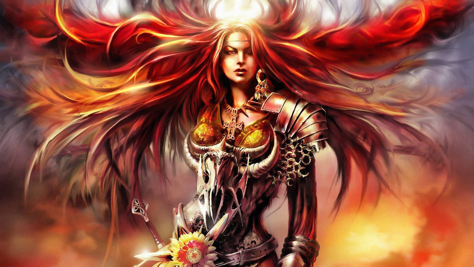 Fire Girl, metal armor, red hair, Full HD Desktop Wallpaper