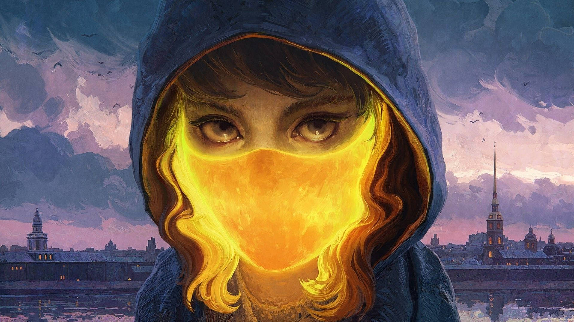 Fire Girl, flaming mask, glowing orange face mask, Full HD Desktop Wallpaper