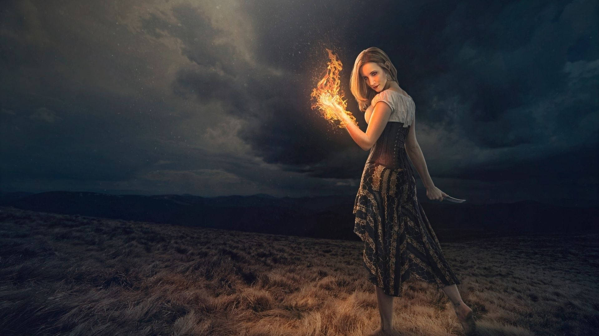 Fire Girl, hilltop, dusk, Full HD Desktop Wallpaper