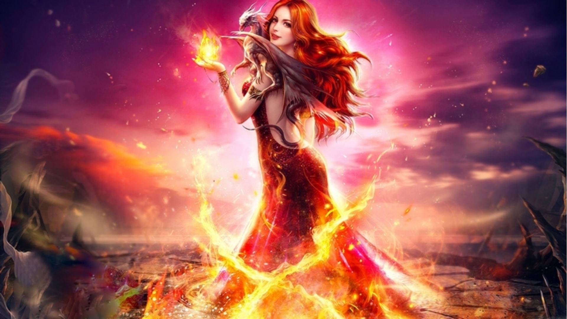 Fire Girl, pink skies, fiery-haired woman, Full HD Desktop Wallpaper
