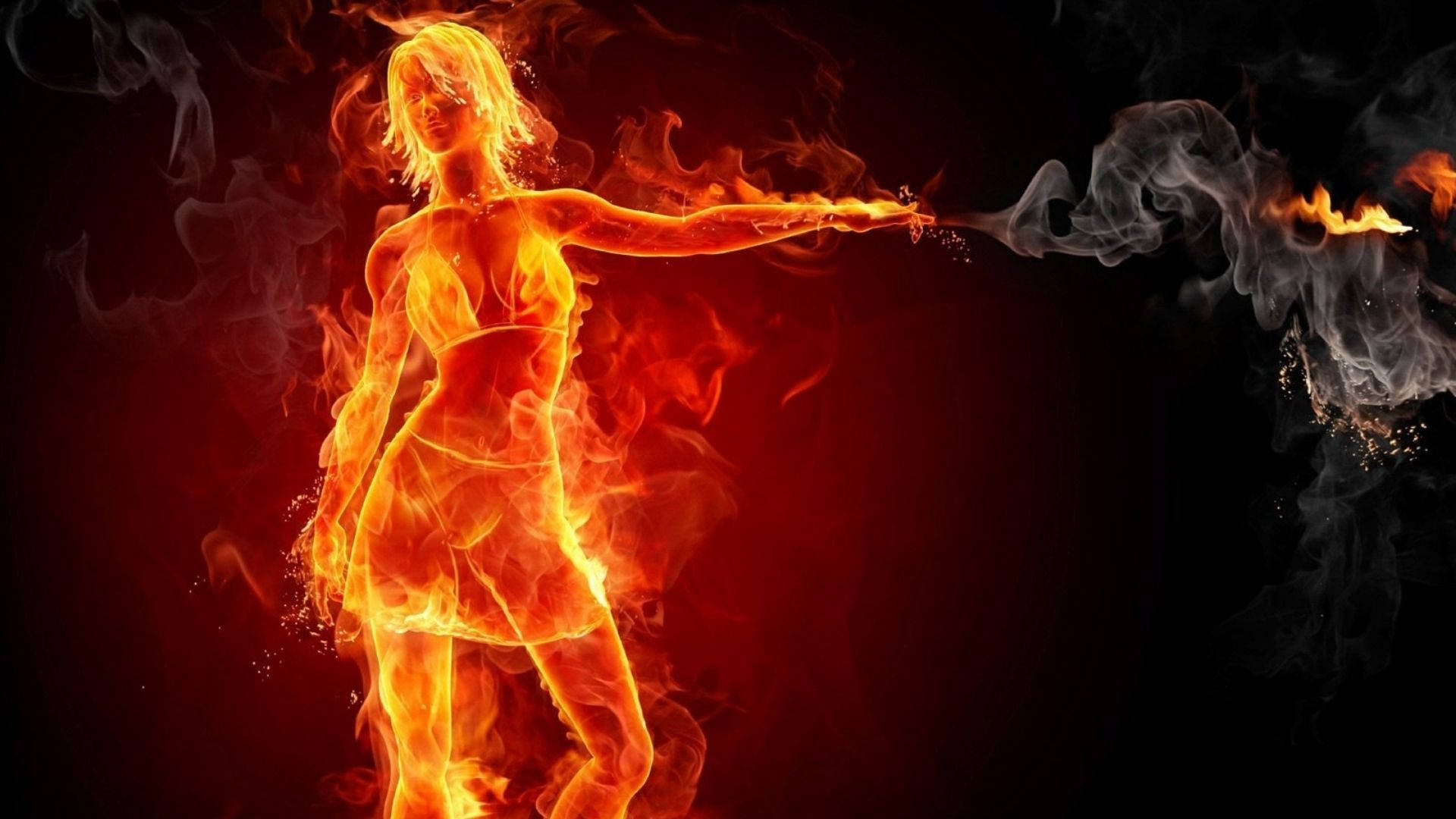 Fire Girl, swimsuit, glowing orange flames, Full HD Desktop Wallpaper