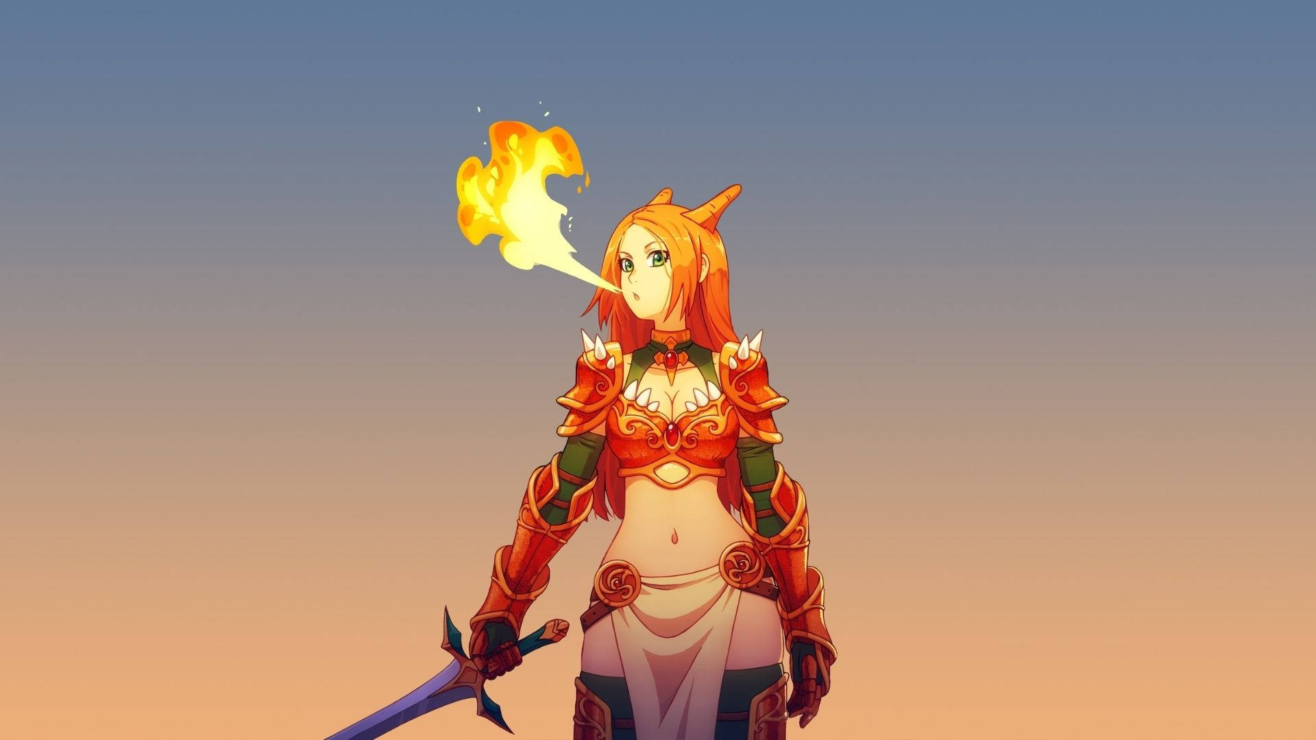Fire Girl, orange hair, horns, Full HD Desktop Wallpaper