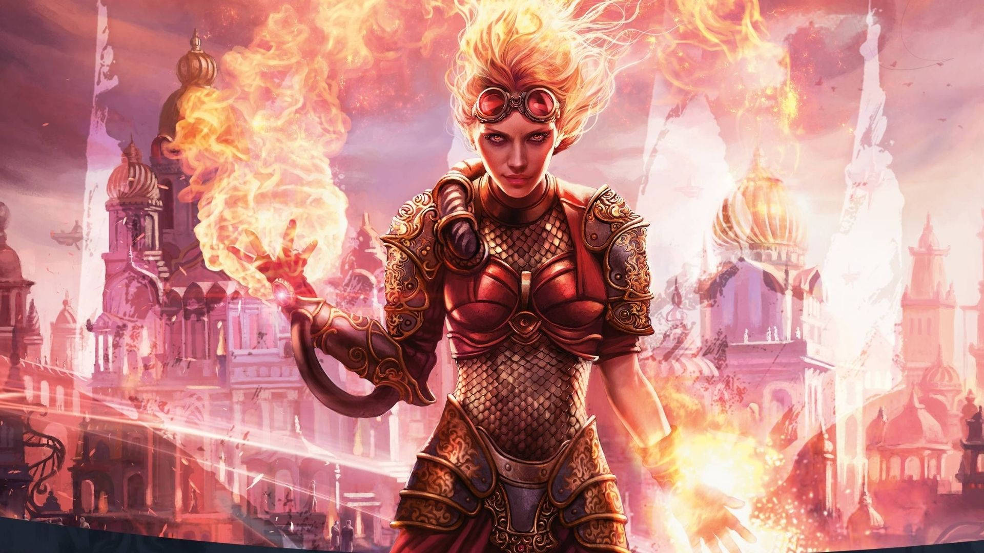 Fire Girl, fiery-haired warrior, ornate armor, Full HD Desktop Wallpaper