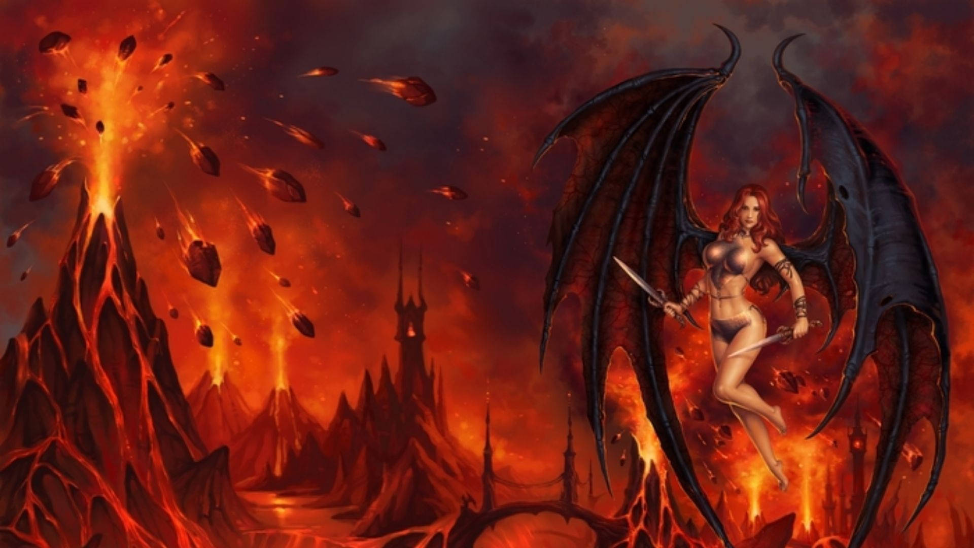 Fire Girl, volcanoes, erupting volcanoes, Full HD Desktop Wallpaper