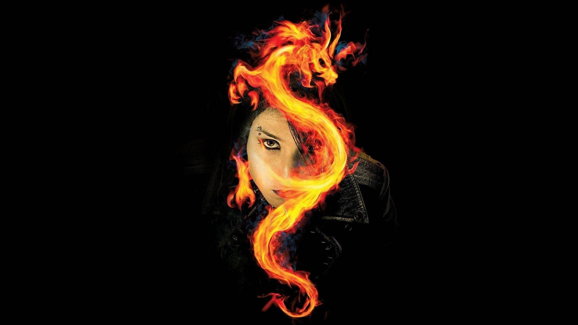 Fire Girl, dragon, swirling flames, Full HD Desktop Wallpaper