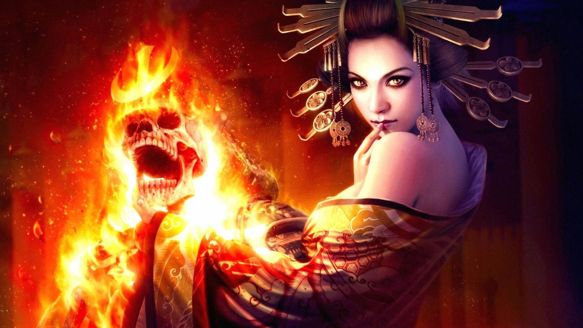 Fire Girl, skull, geisha, Full HD Desktop Wallpaper