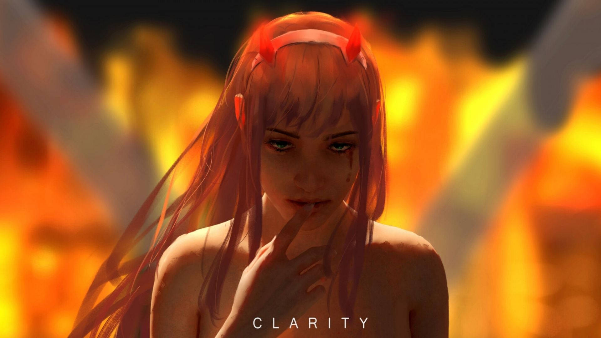 Fire Girl, red horns, tear-streaked face, Full HD Desktop Wallpaper