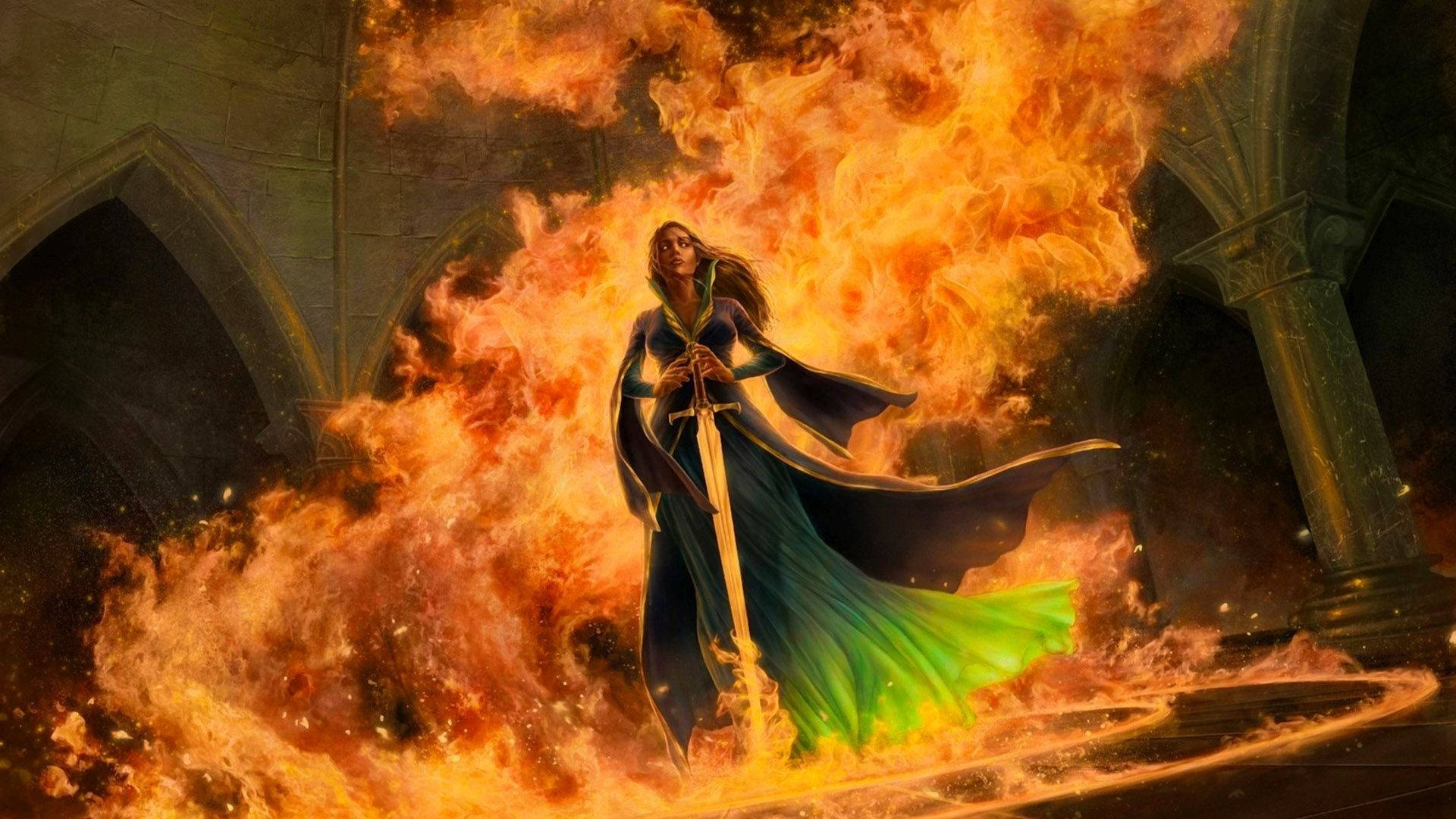 Fire Girl, long sword, flowing green and black robe, Full HD Desktop Wallpaper