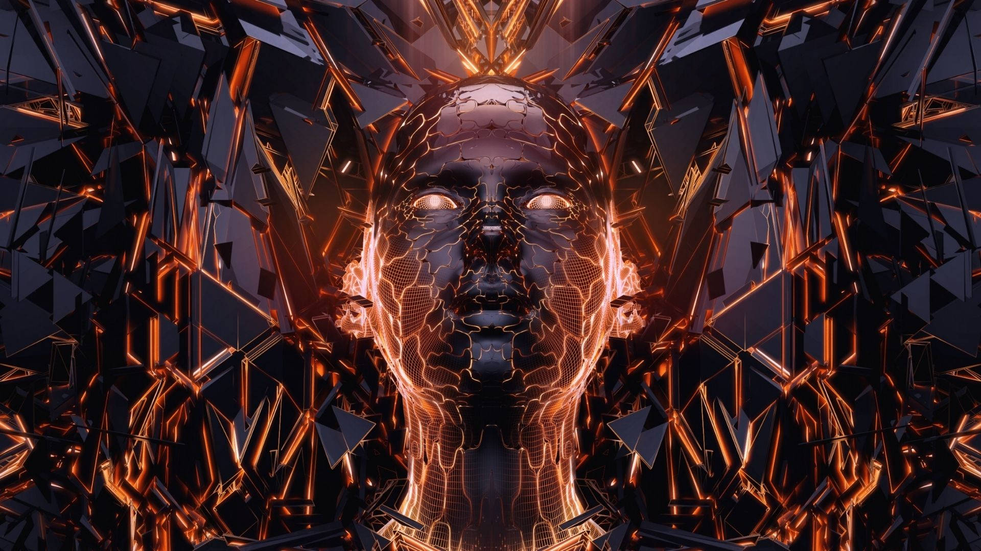 Fire Girl, cybernetic face, shattered dark glass, Full HD Desktop Wallpaper