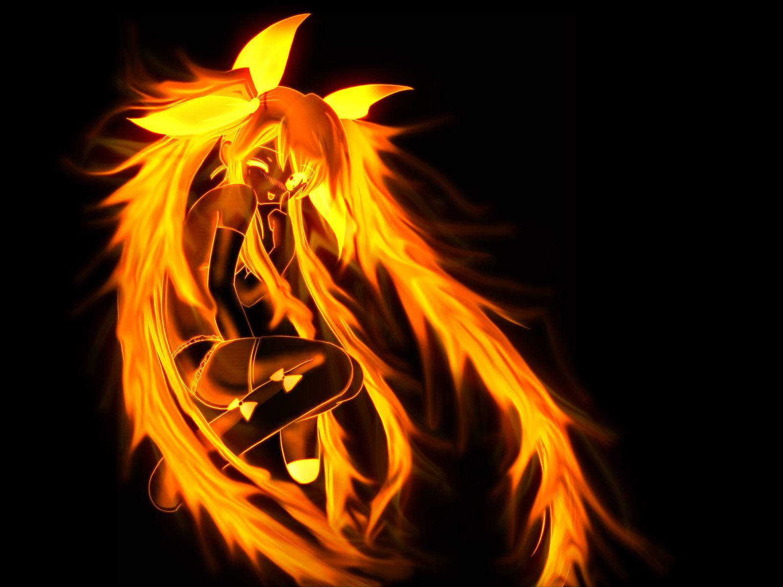 Fire Girl, glowing orange hair, flames swirling, HD Desktop Wallpaper