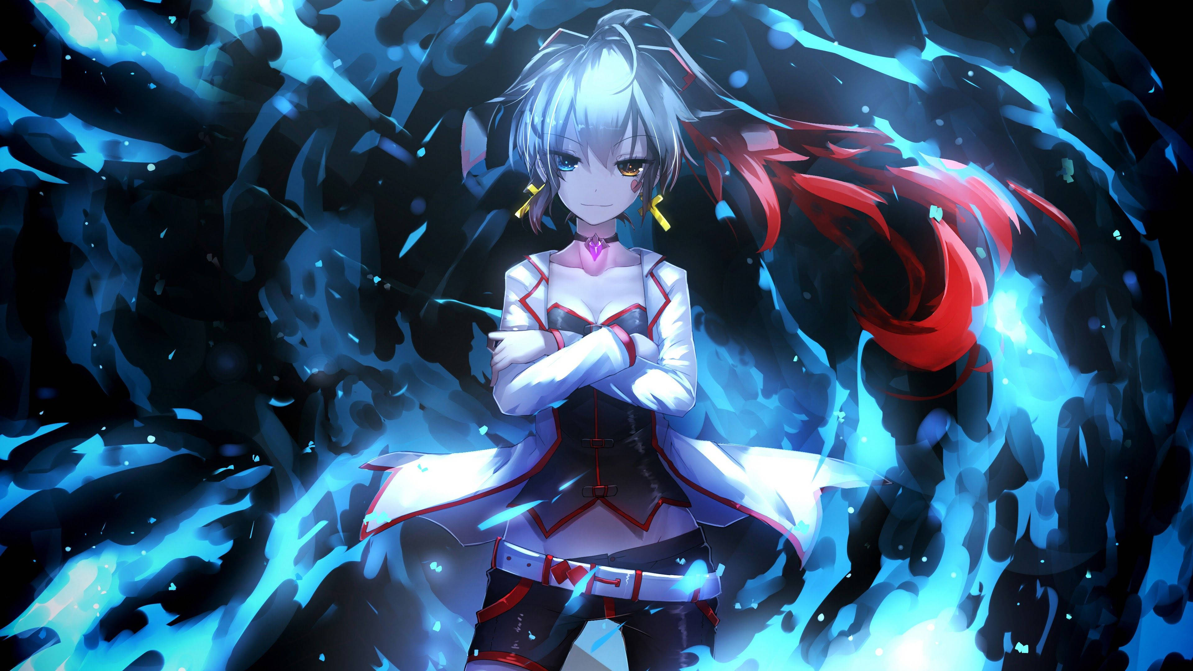 anime girl, silver-haired, red hair streaks, 4K Desktop Wallpaper