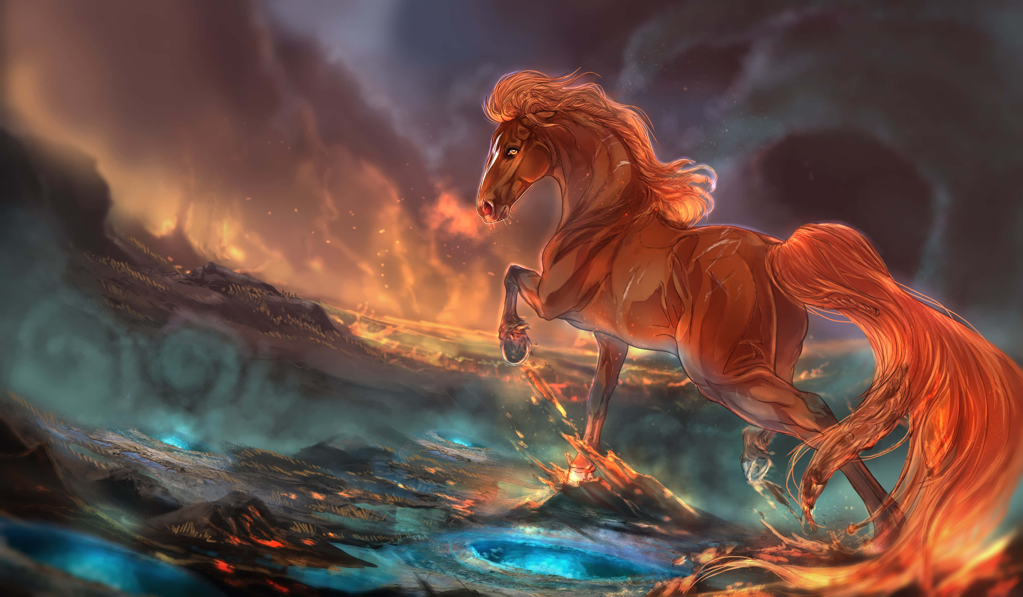 Fire Horse, fiery red horse, molten lava, 2K Desktop Wallpaper