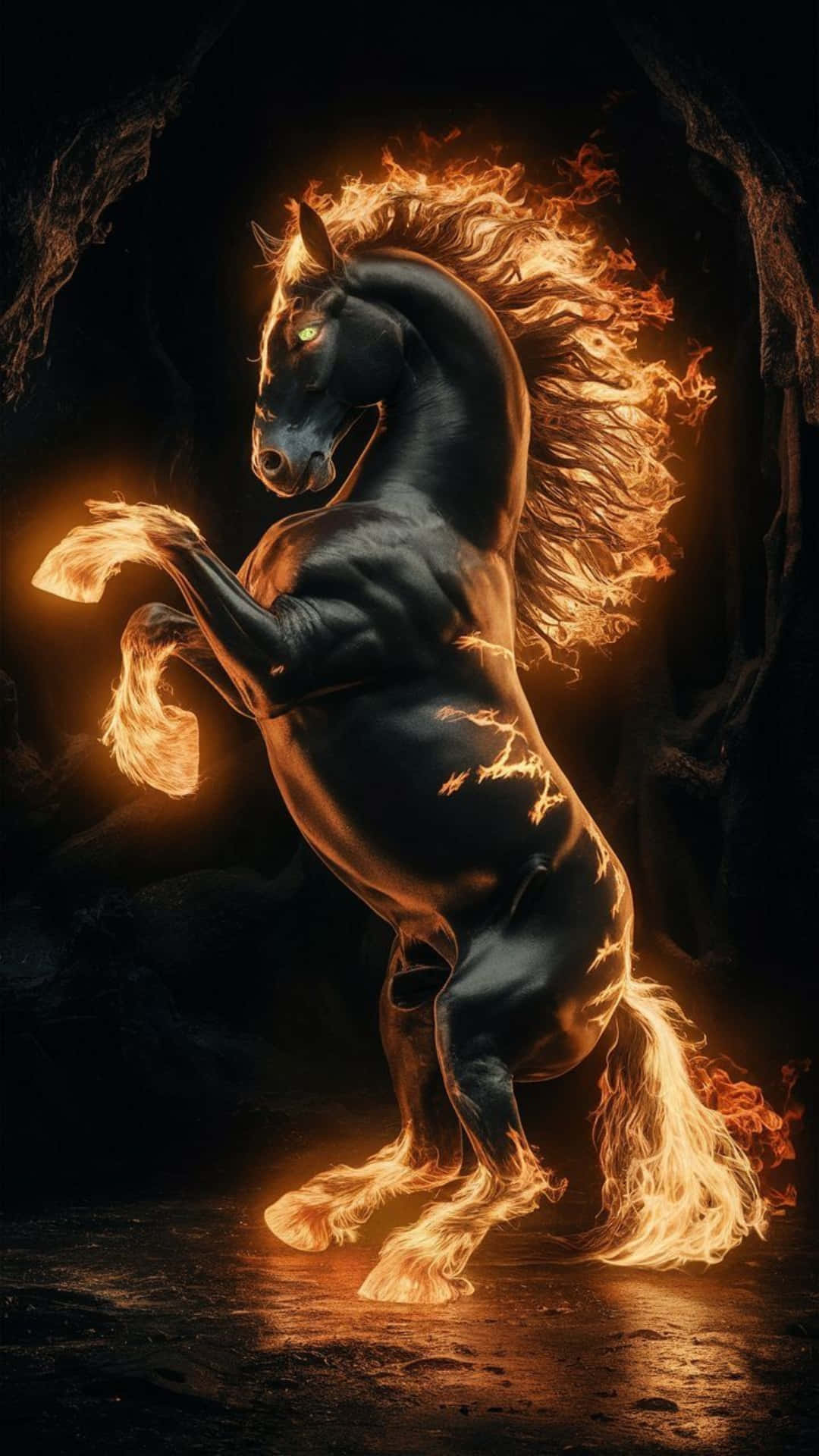 Fire Horse, black horse, dark cave, Full HD Phone Wallpaper