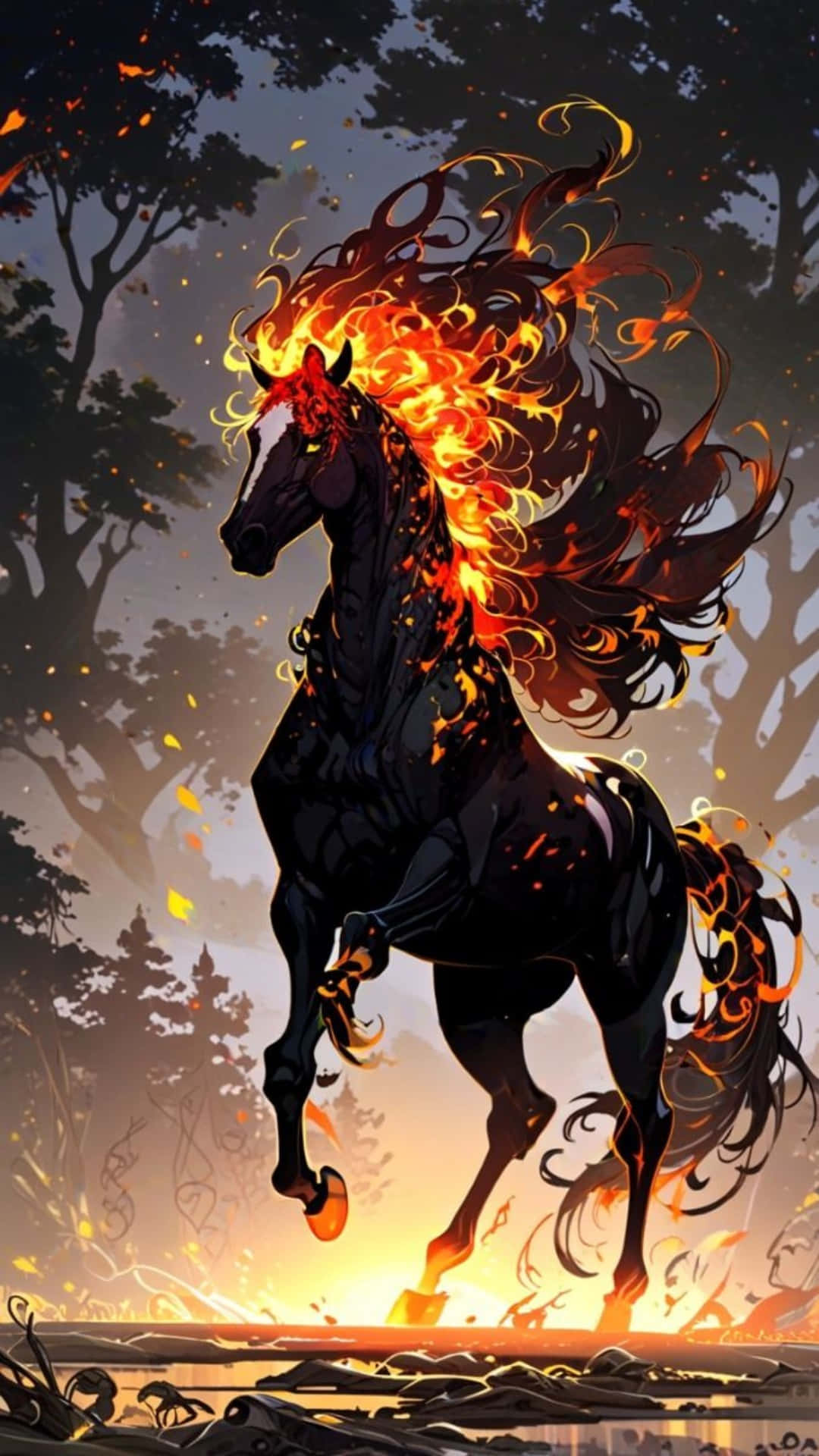 Fire Horse, black horse, fiery mane and tail, Full HD Phone Wallpaper