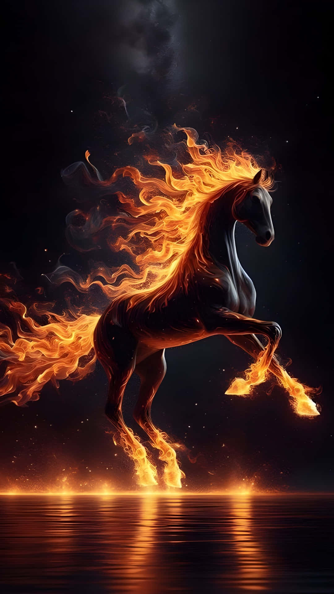 Fire Horse, black horse, fiery orange mane and tail, Full HD Phone Wallpaper