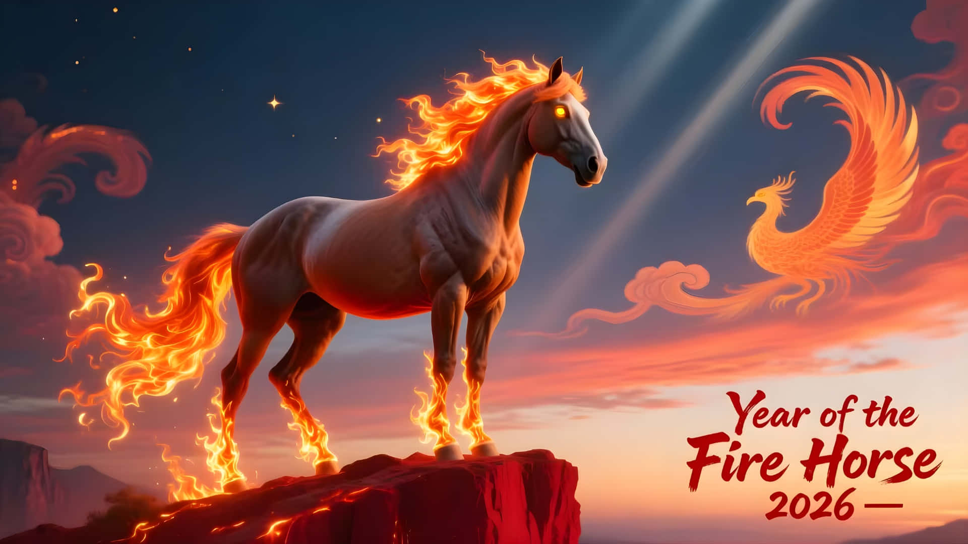 Fire Horse, phoenix, glowing red cliff, Full HD Desktop Wallpaper