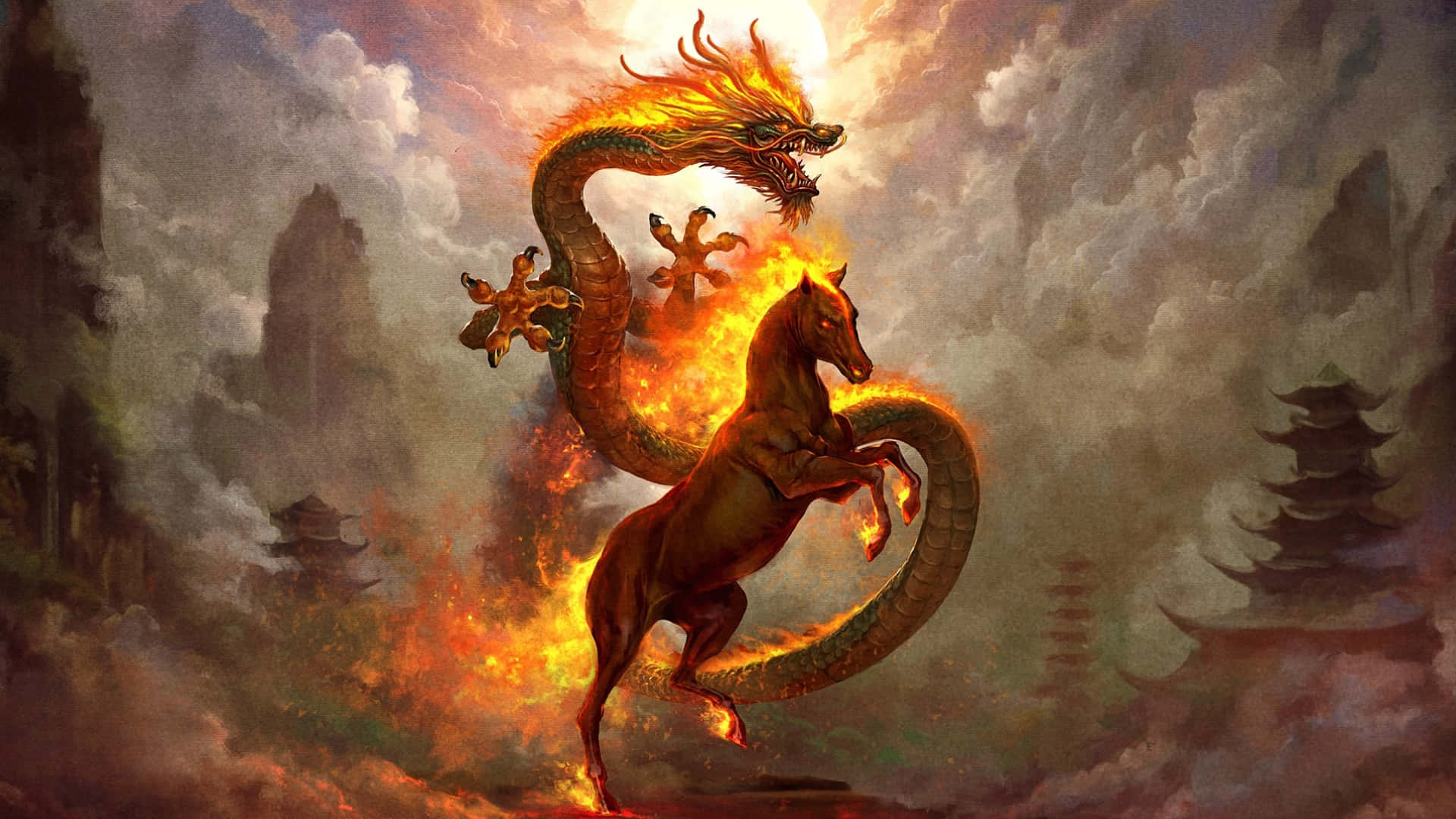 Fire Horse, dragon, stormy sky, Full HD Desktop Wallpaper