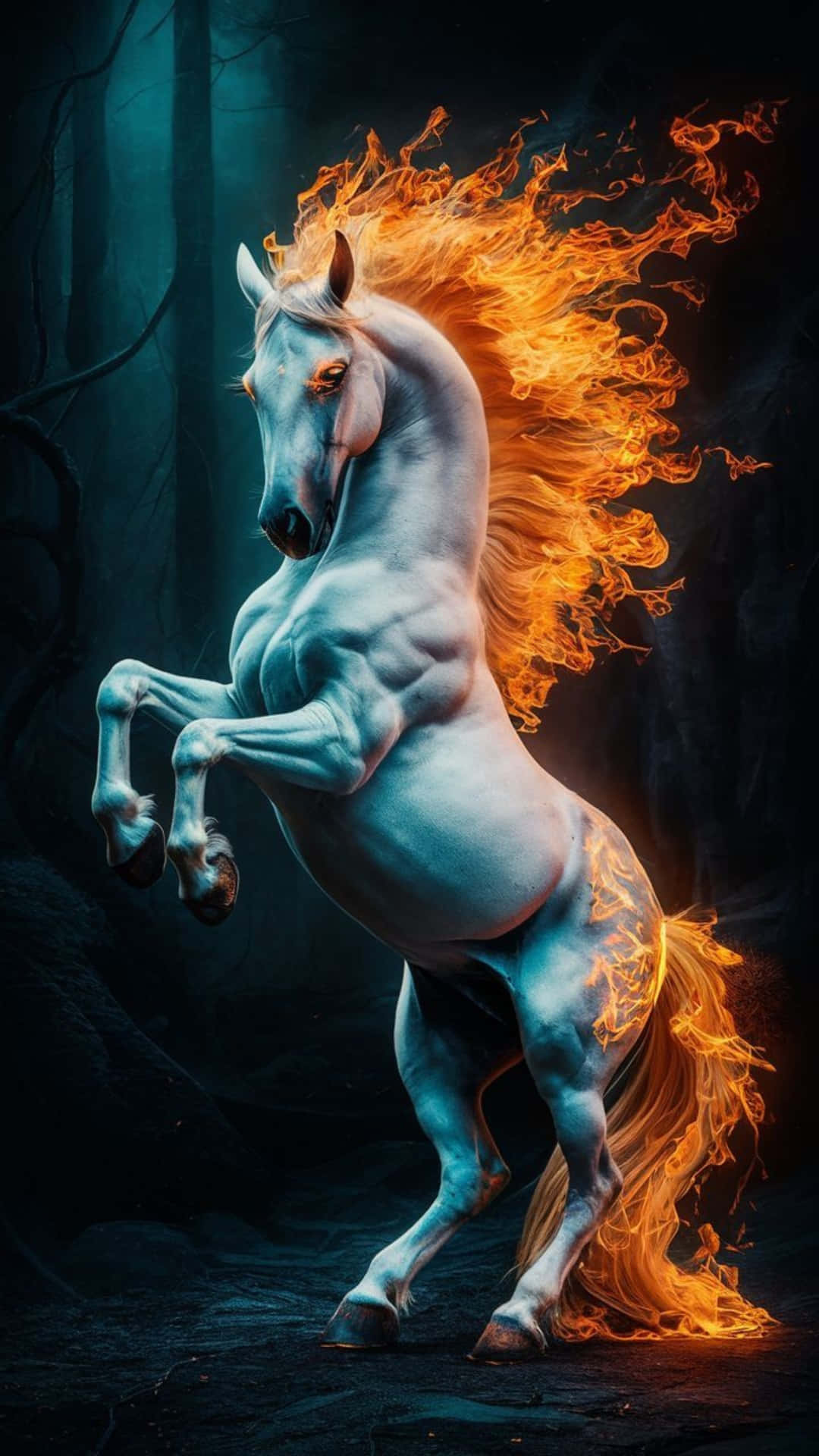 Fire Horse, mythical creature, white horse, Full HD Phone Wallpaper