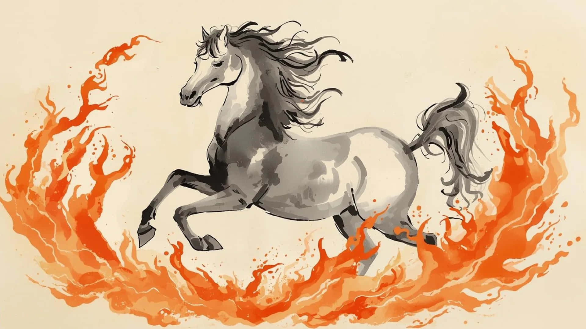Fire Horse, gray horse, swirling orange flames, Full HD Desktop Wallpaper