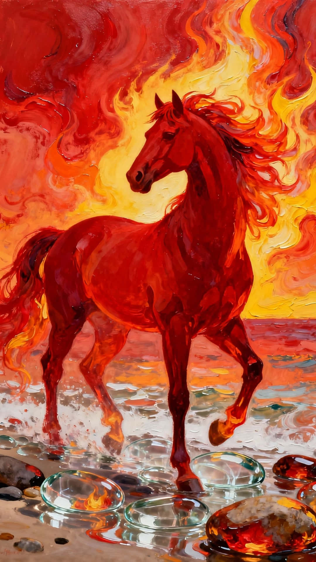 Fire Horse, fiery red horse, flames swirling around its mane, Full HD Phone Wallpaper