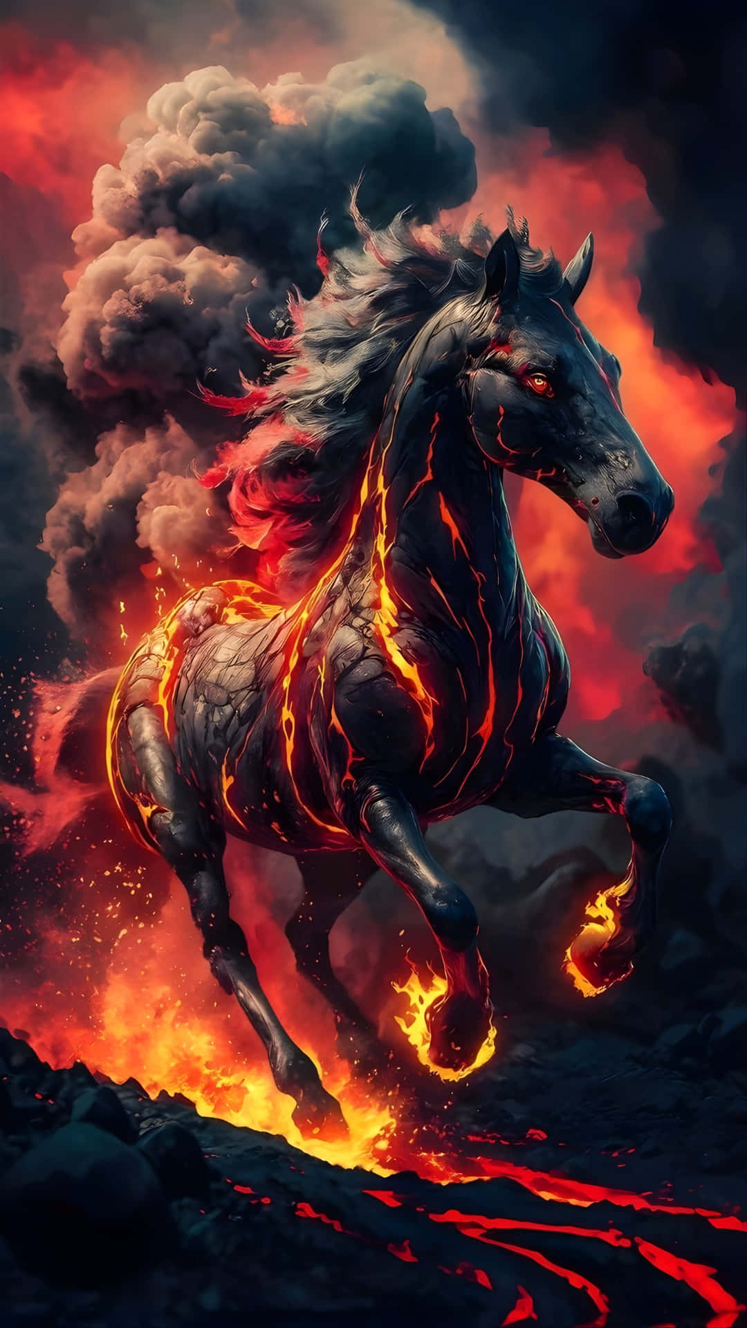 Fire Horse, lava veins, fiery volcanic landscape, Full HD Phone Wallpaper