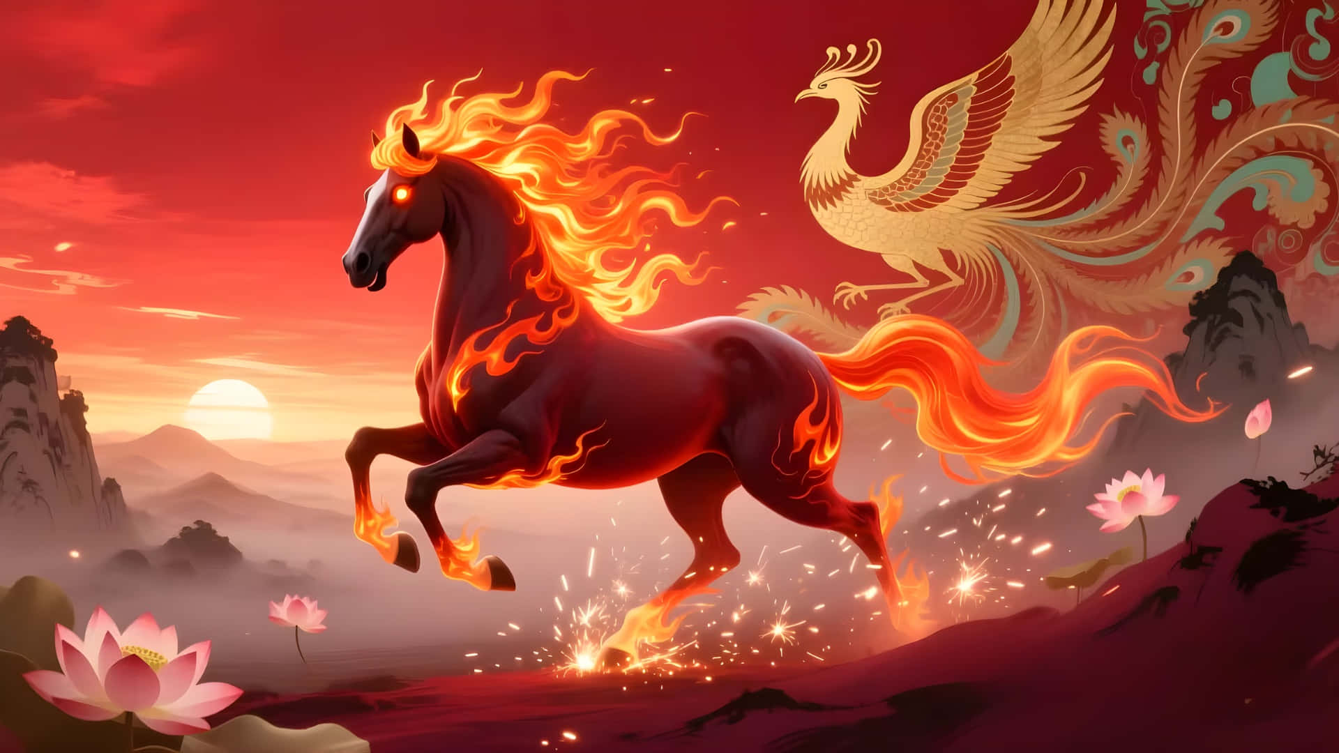 Fire Horse, sunset landscape, golden phoenix, Full HD Desktop Wallpaper