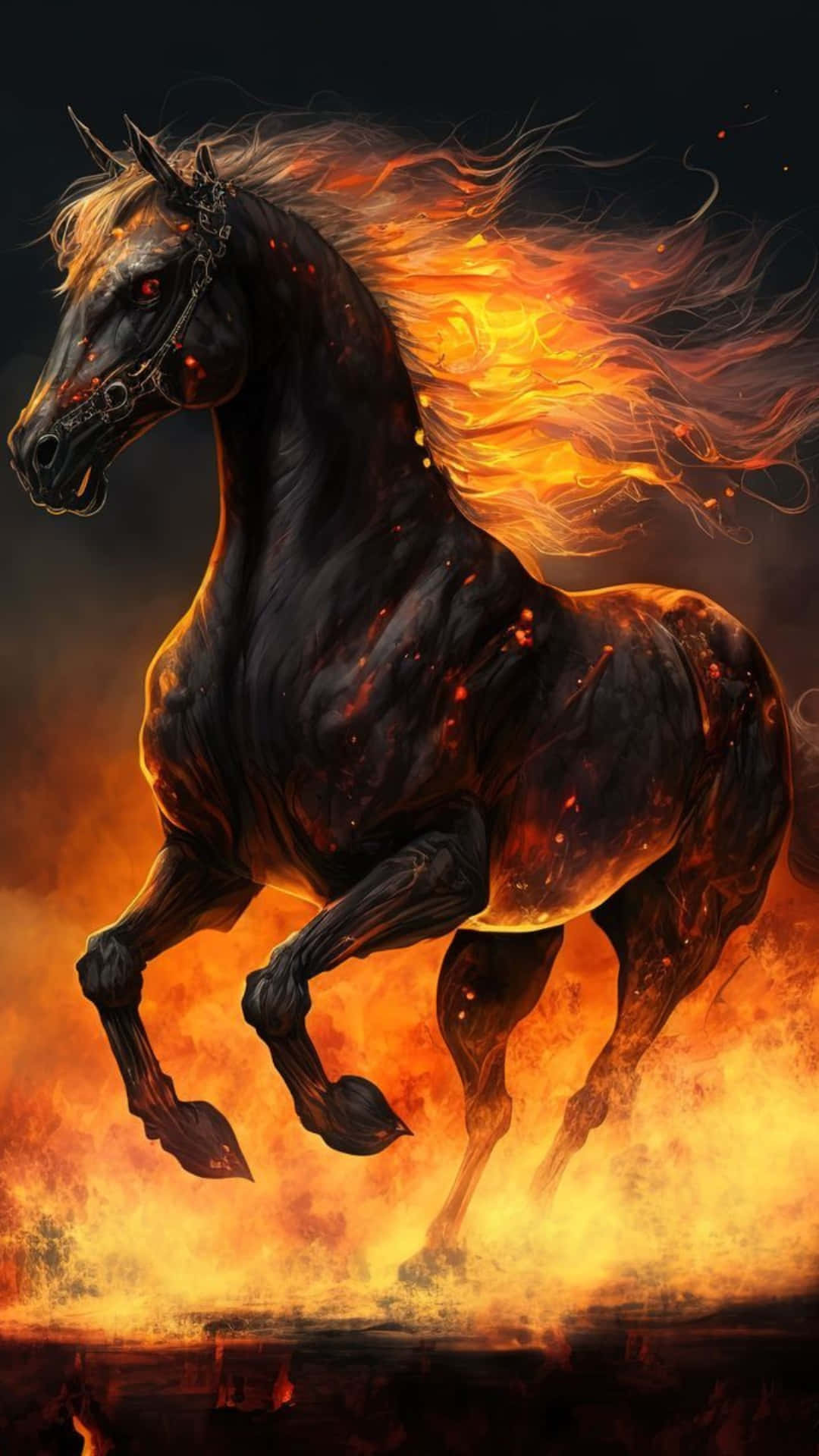 Fire Horse, black horse, fiery mane, Full HD Phone Wallpaper