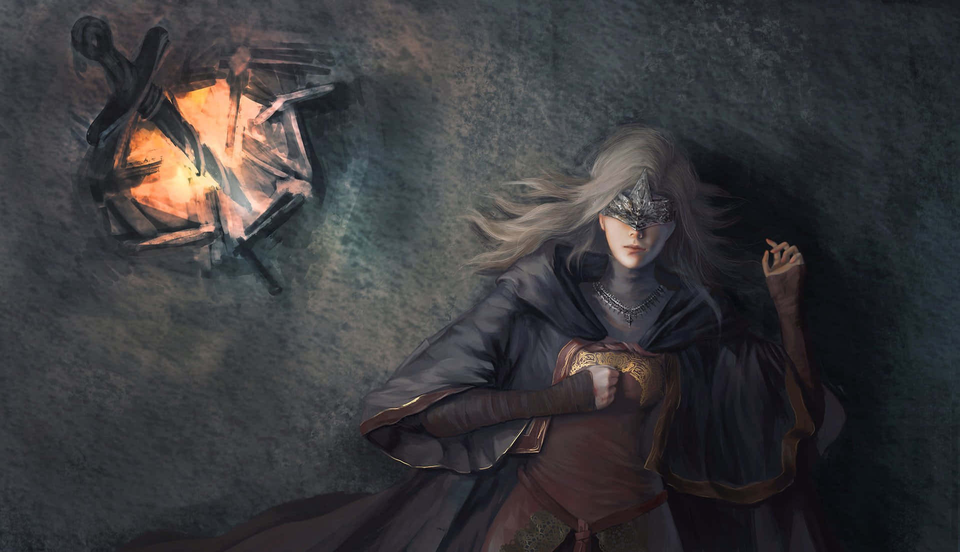 Fire Keeper, masked warrior, flowing silver hair, Full HD Desktop Wallpaper