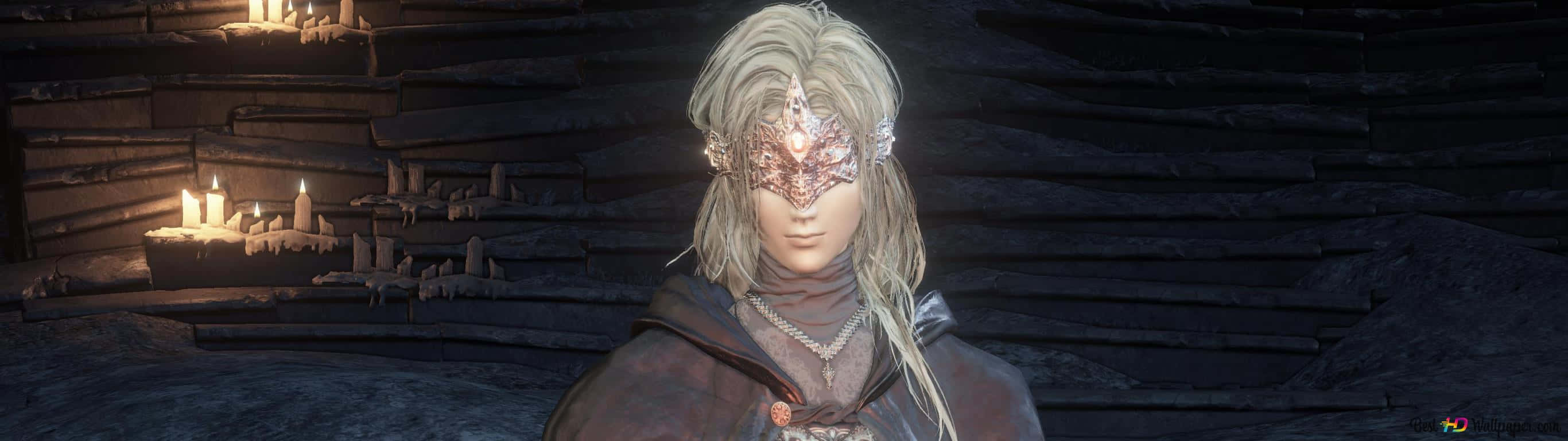 Fire Keeper, silver hair, dim stone chamber, 2K Desktop Wallpaper