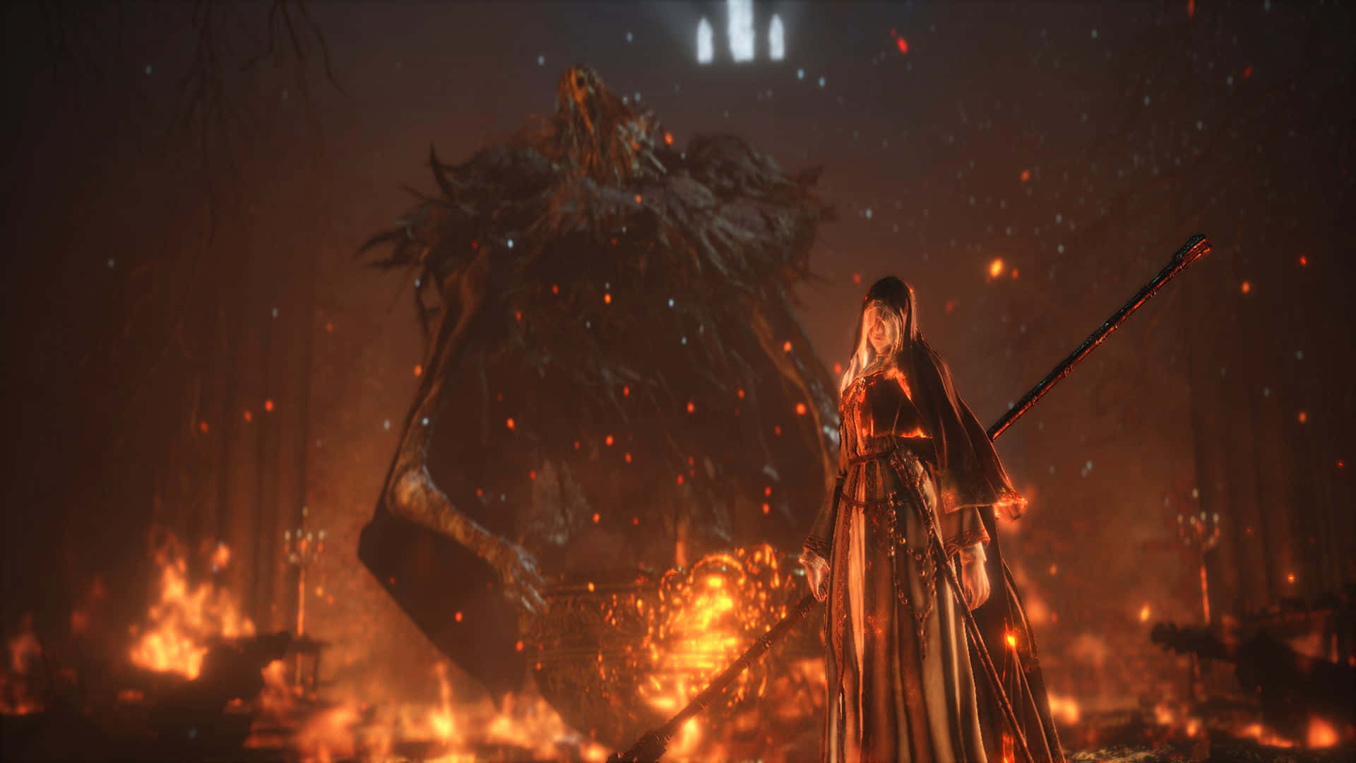 Fire Keeper, cloaked warrior, fiery forest, Full HD Desktop Wallpaper
