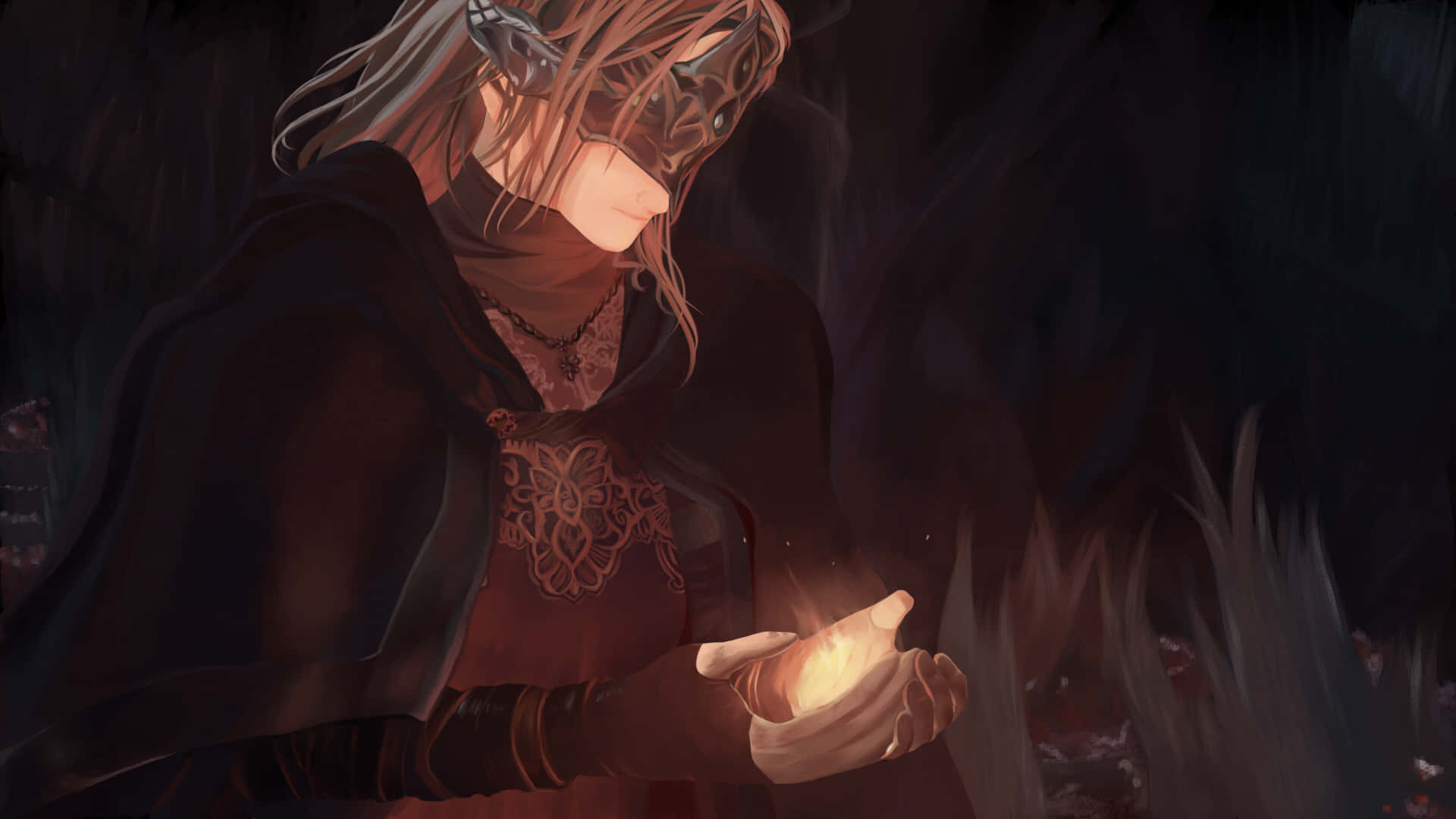 Fire Keeper, masked figure, dark robes, Full HD Desktop Wallpaper