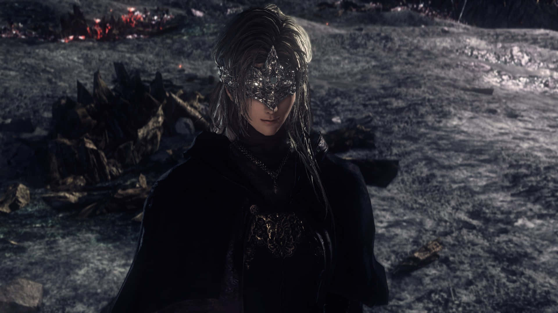Fire Keeper, silver ornate mask, desolate rocky landscape, Full HD Desktop Wallpaper