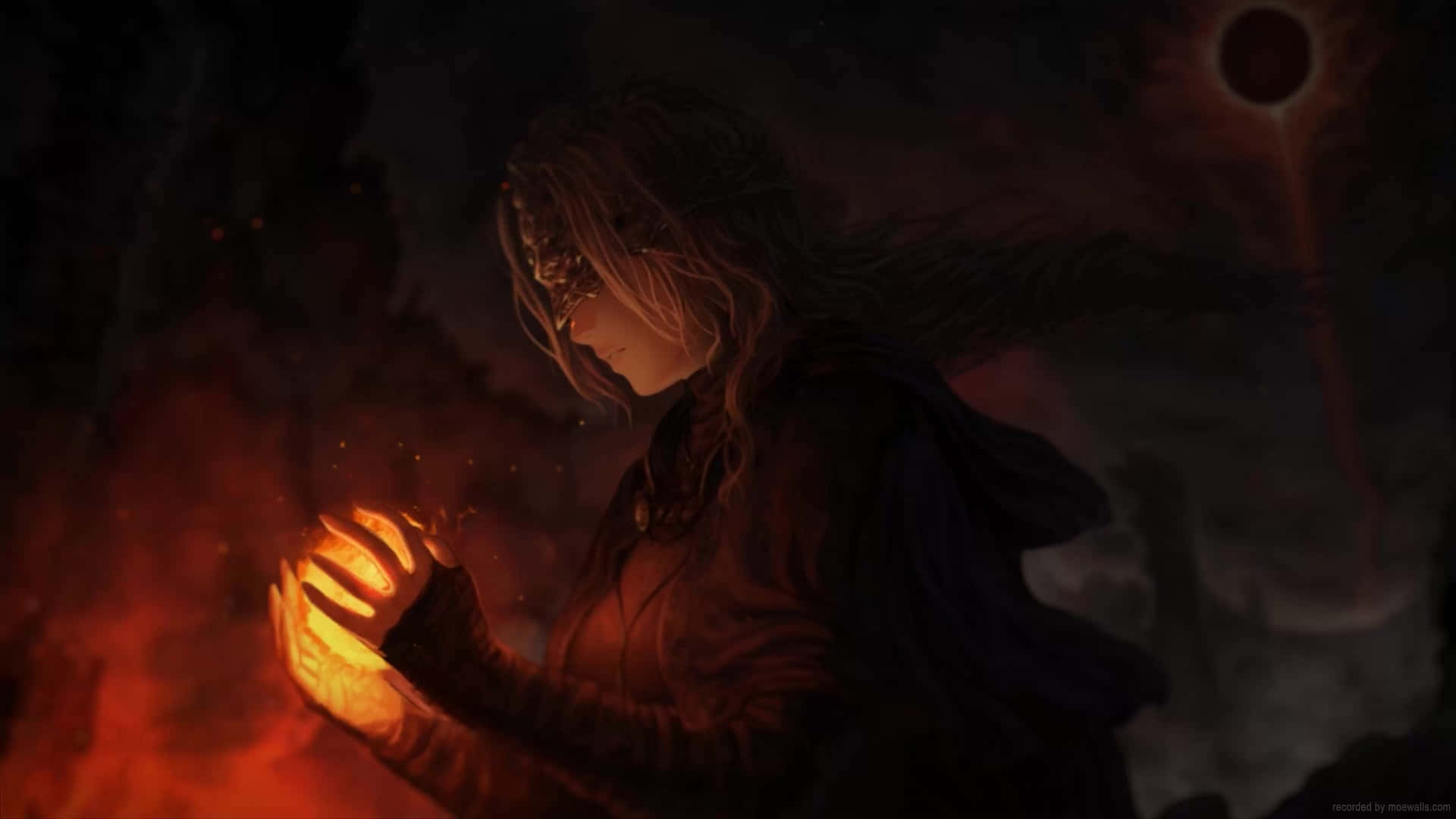Fire Keeper, cloaked figure, glowing orange flames, Full HD Desktop Wallpaper