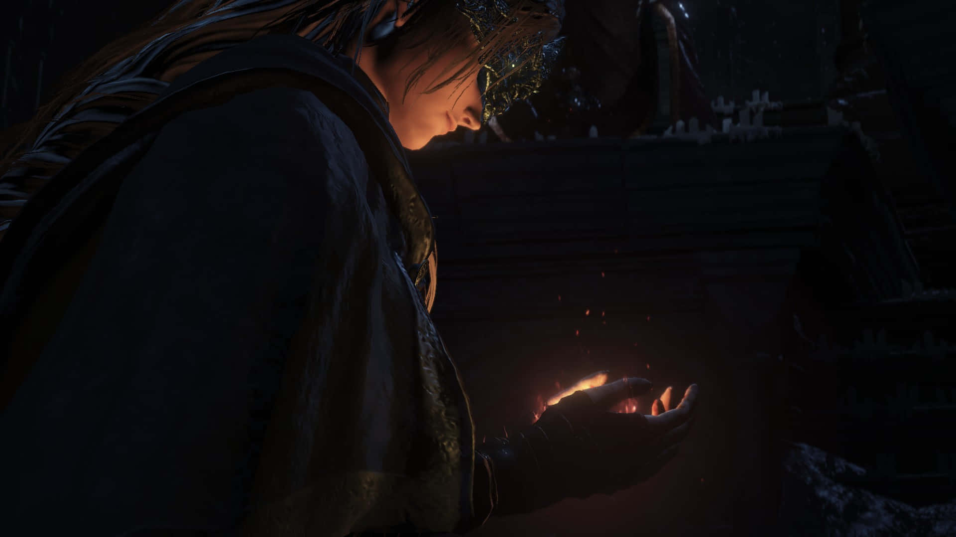 Fire Keeper, cloaked figure, glowing embers, Full HD Desktop Wallpaper