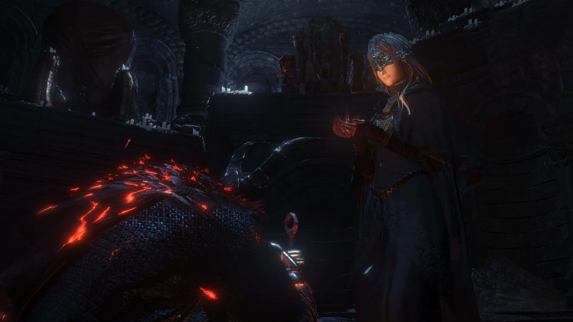 Fire Keeper, cloaked figure, glowing eyes, Full HD Desktop Wallpaper