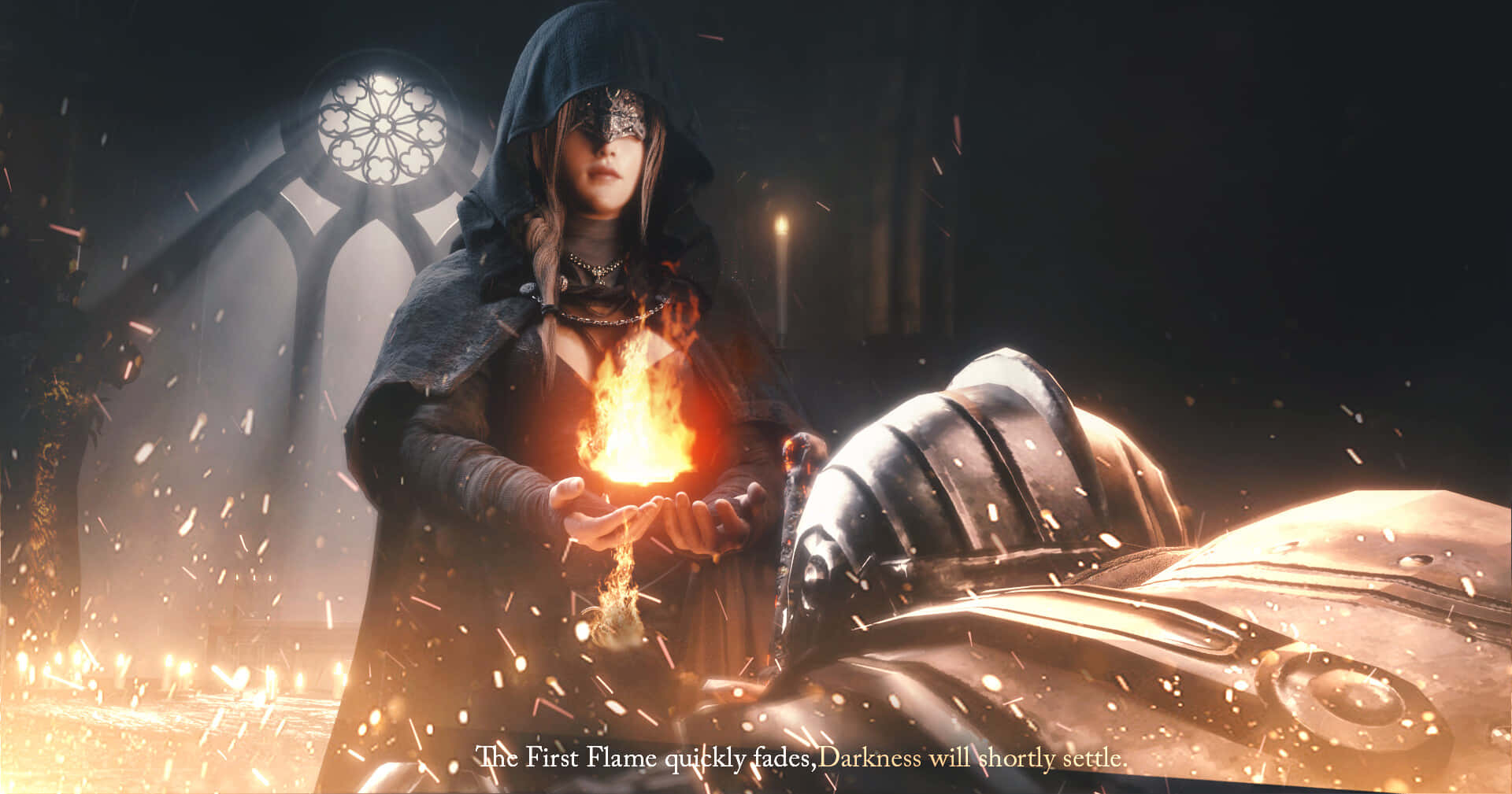 Fire Keeper, hooded figure, gothic cathedral, Full HD Desktop Wallpaper
