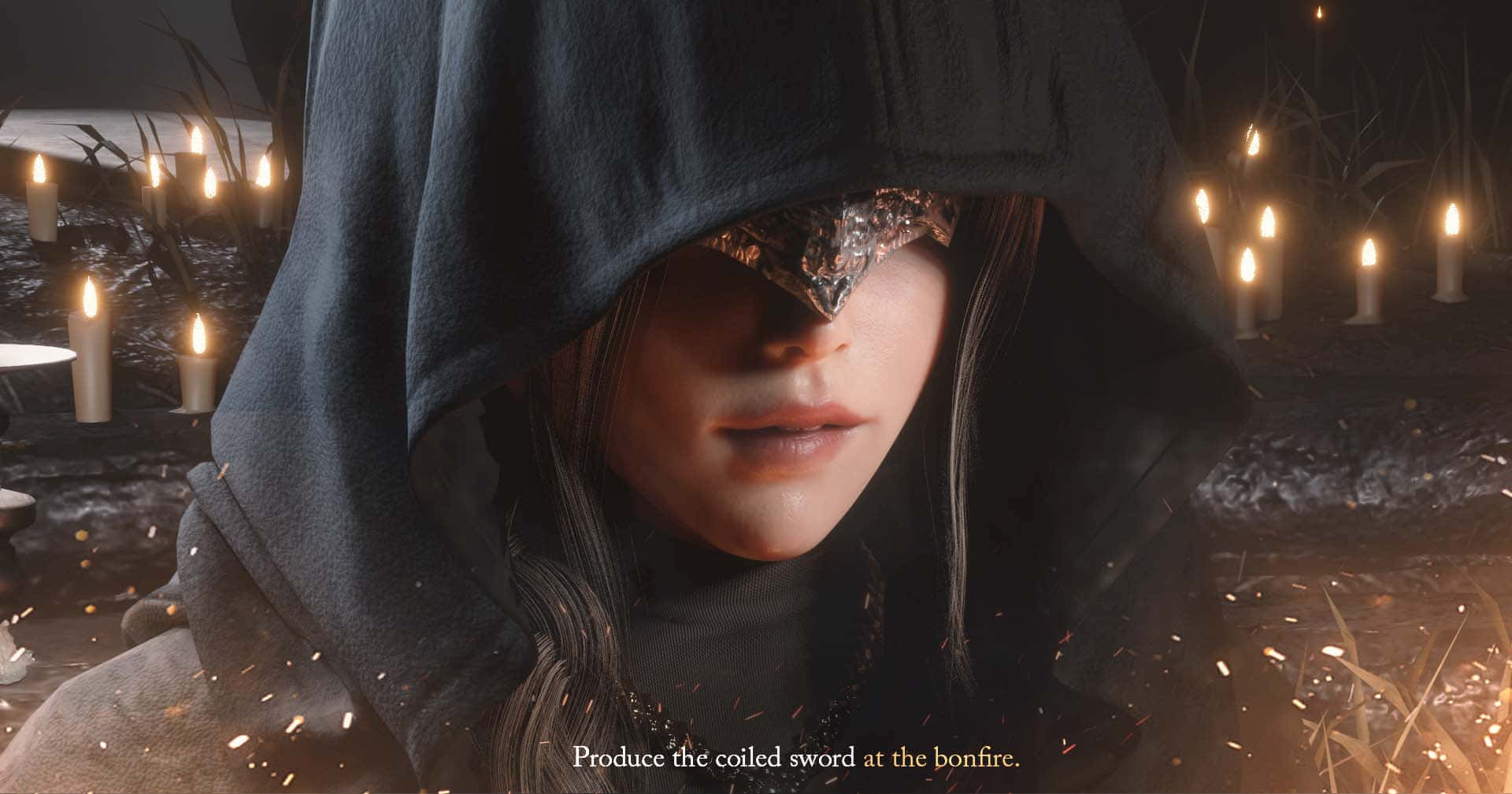 Fire Keeper, hooded figure, metallic eye mask, Full HD Desktop Wallpaper