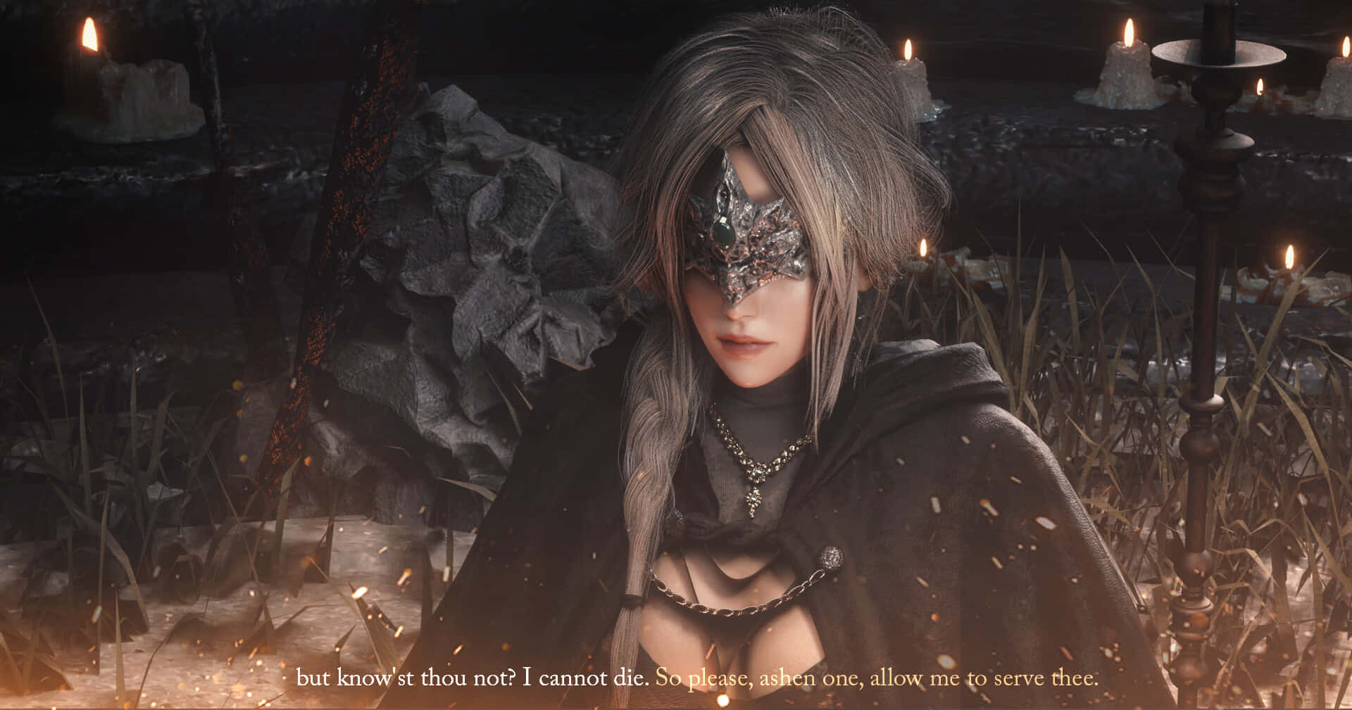 Fire Keeper, cloaked figure, ornate eye coverings, Full HD Desktop Wallpaper