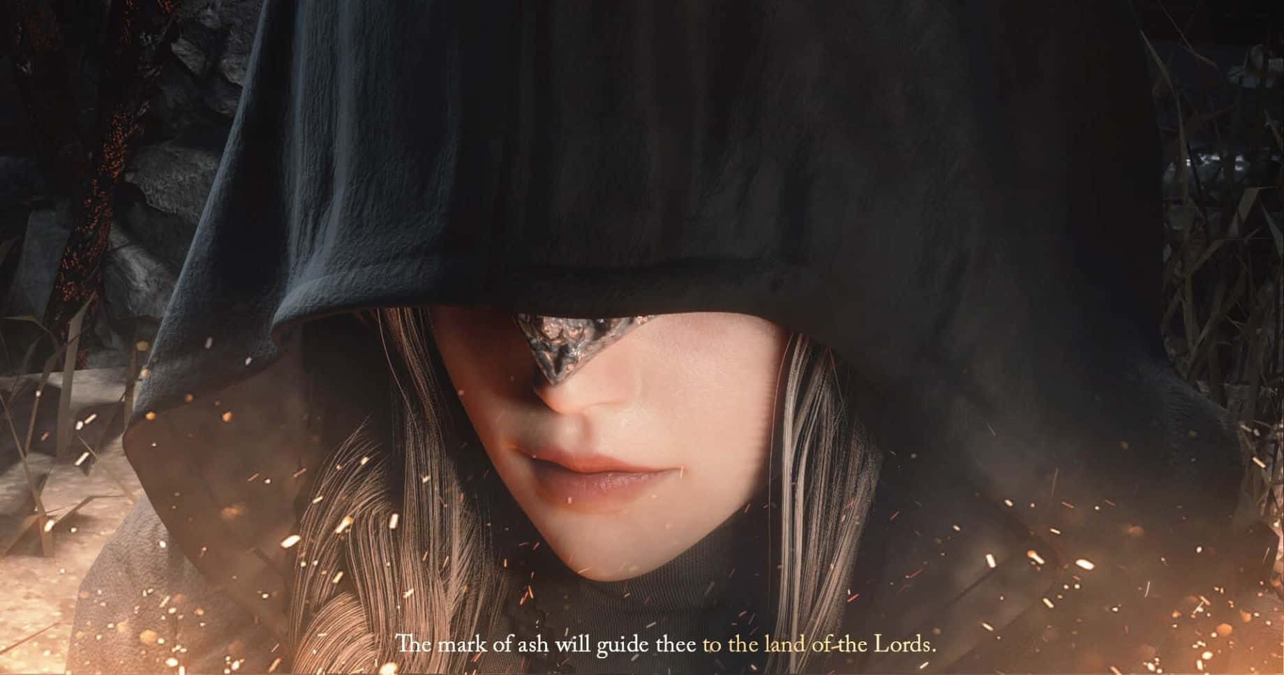 Fire Keeper, hooded figure, metallic eye patch, HD Desktop Wallpaper