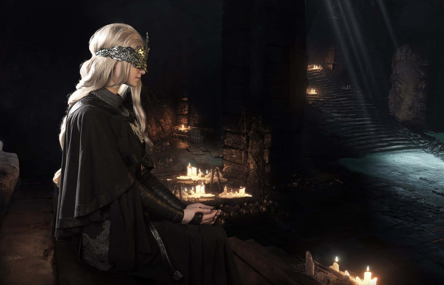 Fire Keeper, white hair, dark stone chamber, HD Desktop Wallpaper