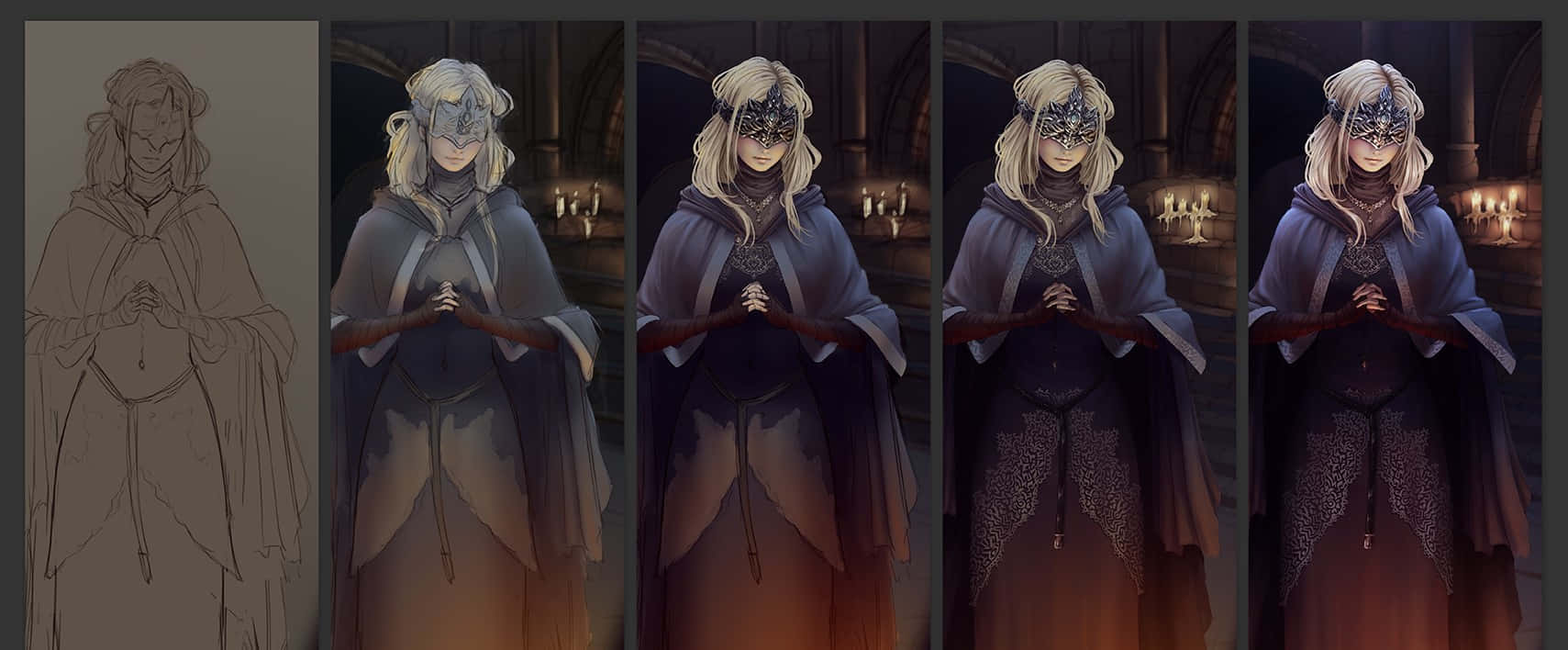 Fire Keeper, long white hair, dark hooded robe, HD Desktop Wallpaper