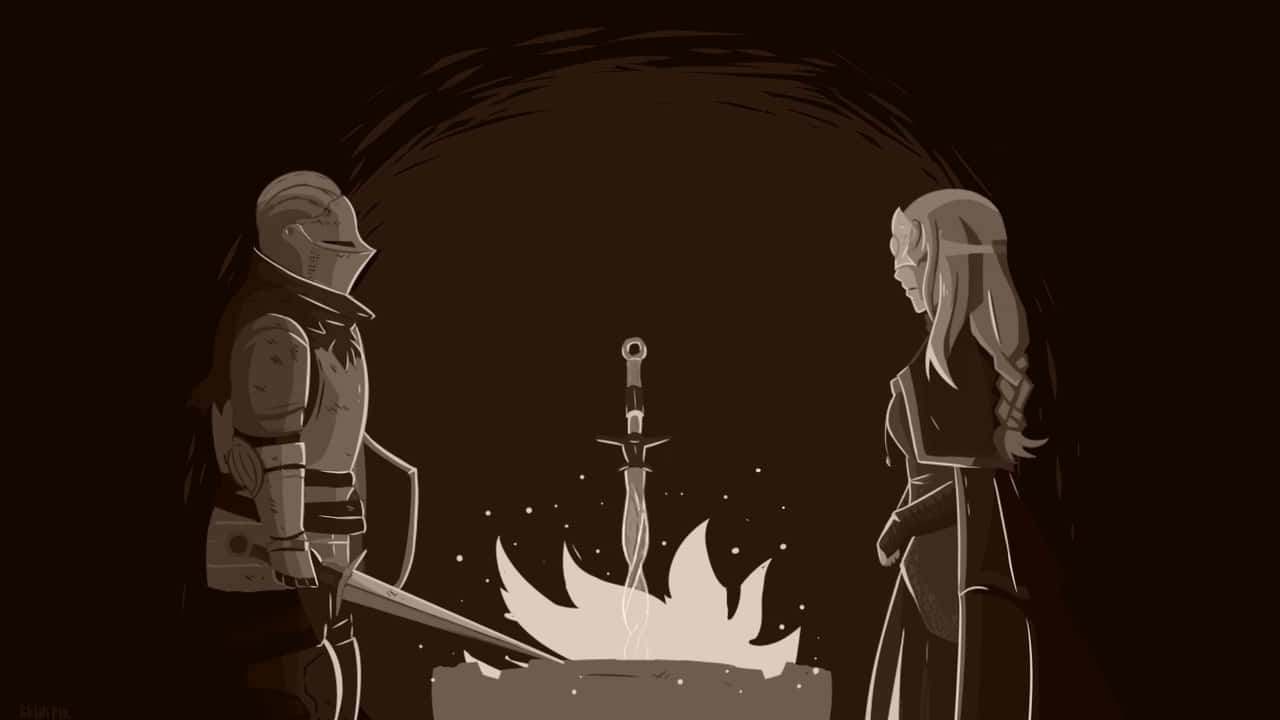 Fire Keeper, glowing sword, stone, HD Desktop Wallpaper