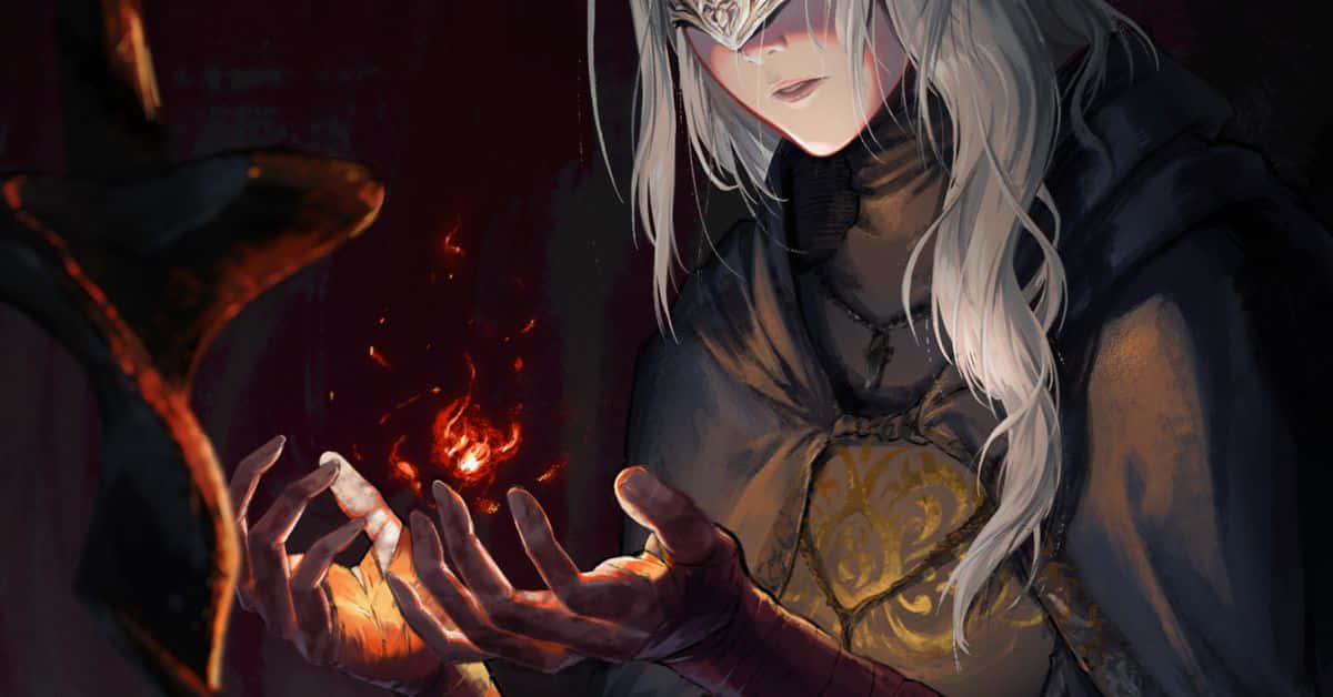 Fire Keeper, silver-haired anime warrior, dark robes, SD Desktop Wallpaper