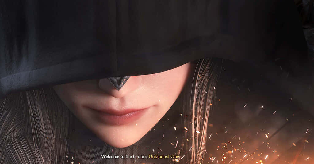 Fire Keeper, cloaked figure, glowing sparks, SD Desktop Wallpaper