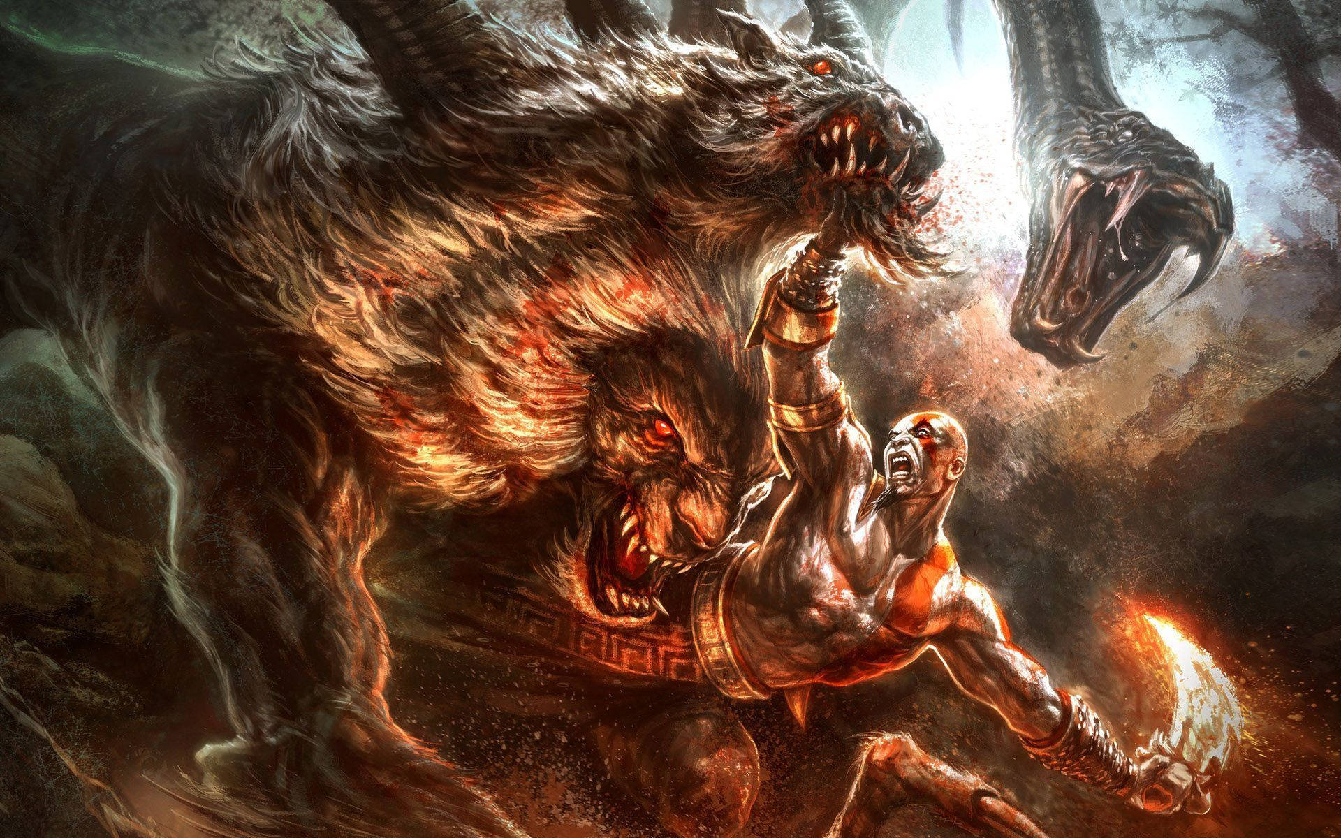 Fire Lion, two heads, muscular warrior, Full HD Desktop Wallpaper