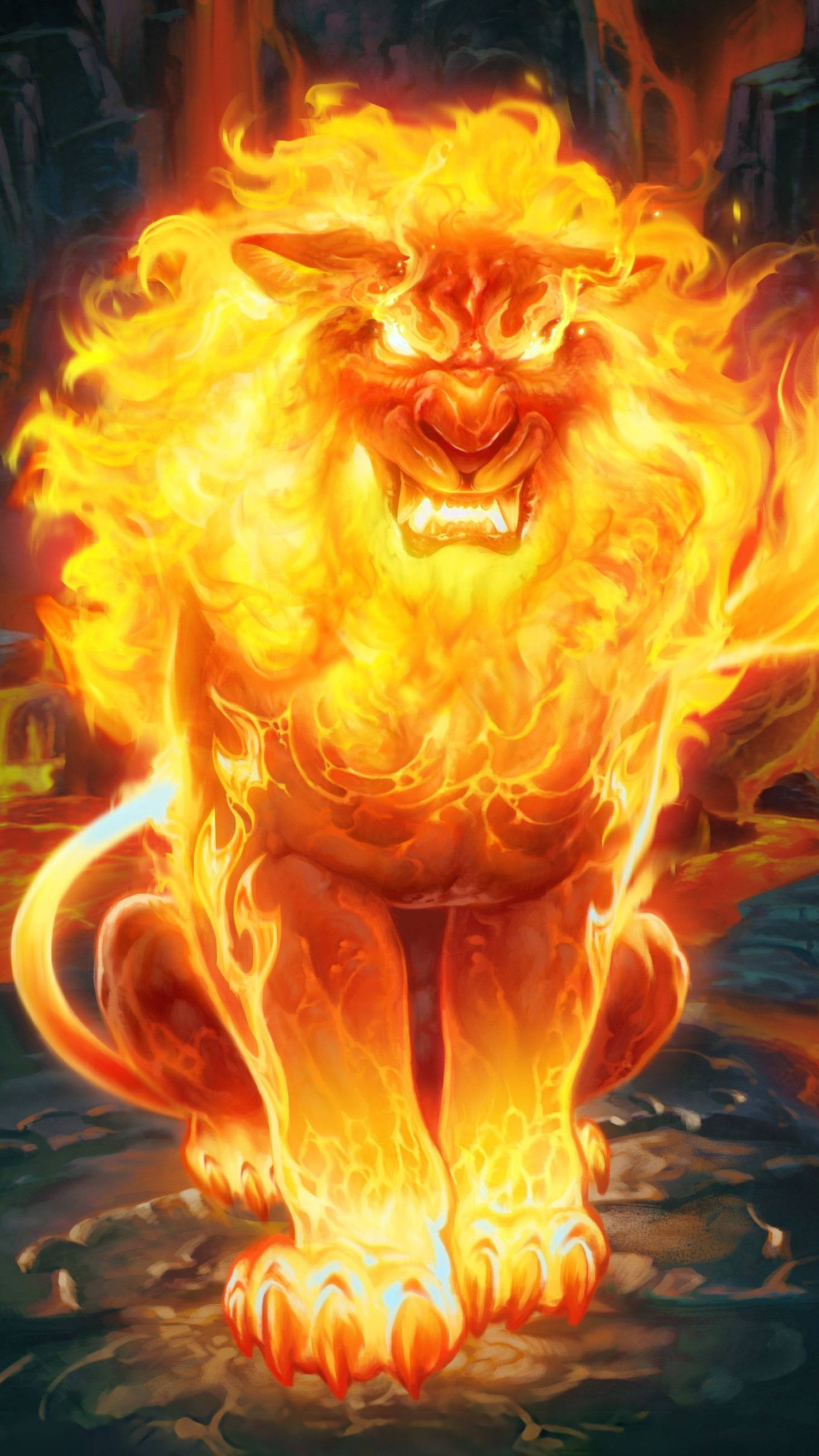 Fire Lion, roaring flames, glowing eyes, 2K Phone Wallpaper