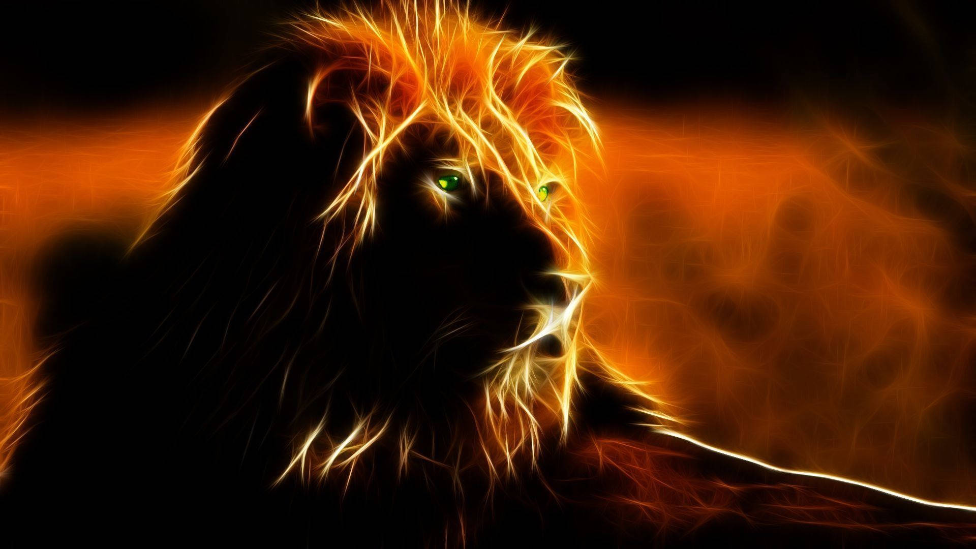 Fire Lion, green eyes, fiery orange, Full HD Desktop Wallpaper