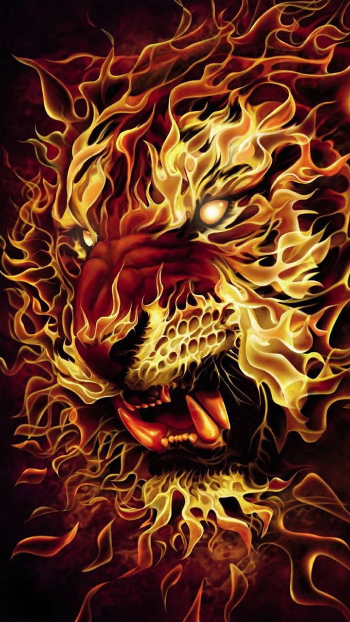 Fire Lion, vibrant orange and yellow flames, dark red background, HD Phone Wallpaper